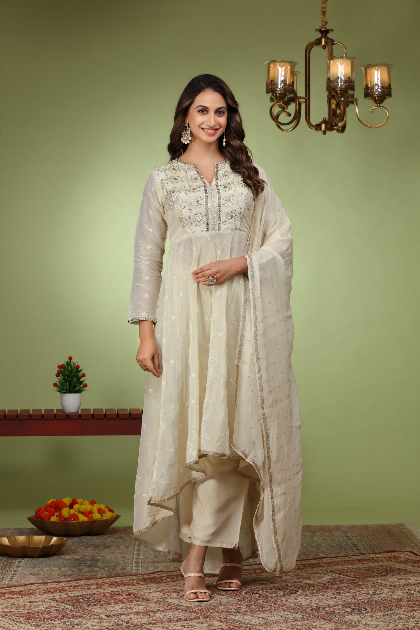 Cream Flora Sequence Work Anarkali Kurta set