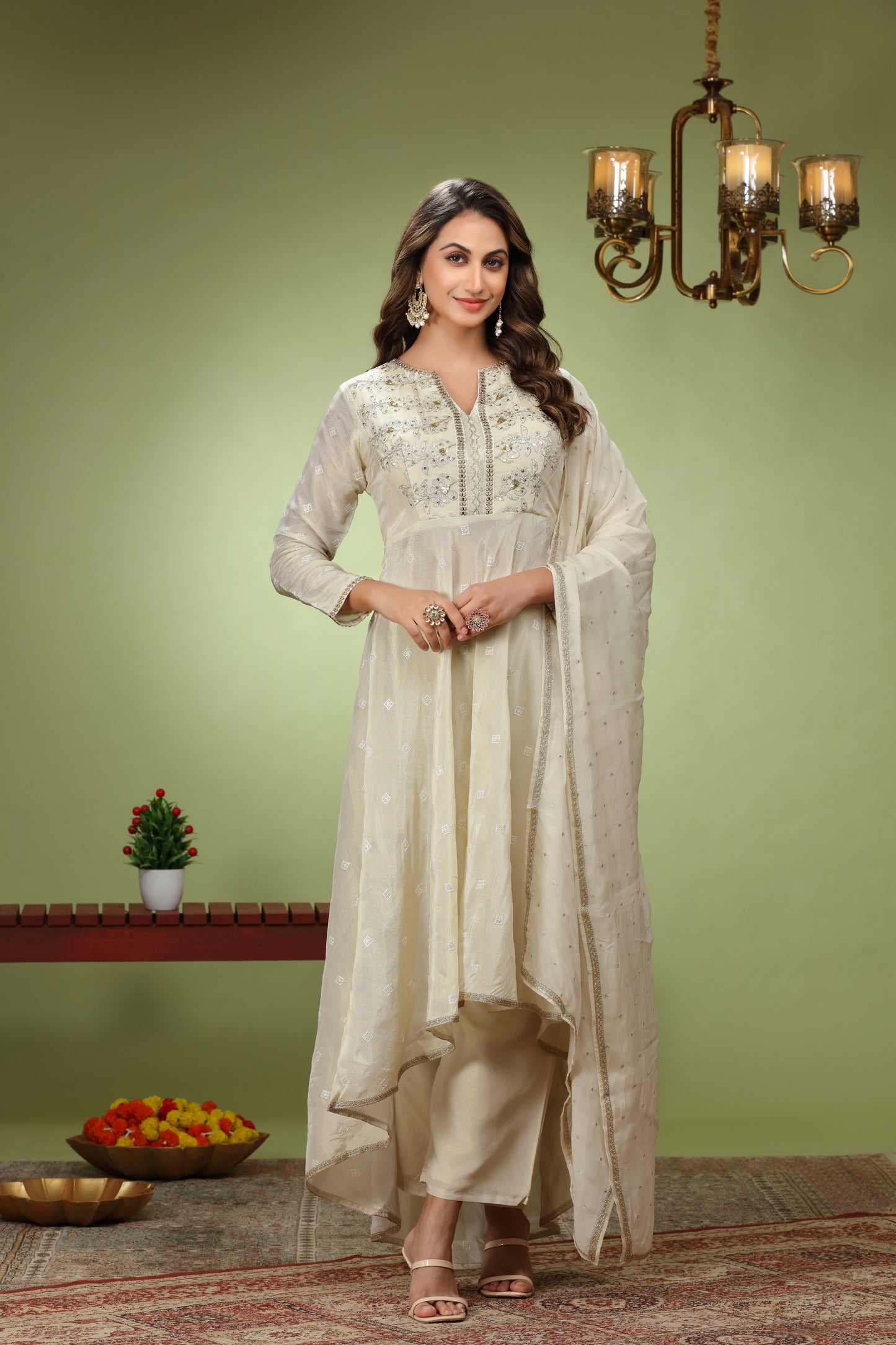 Cream Flora Sequence Work Anarkali Kurta set