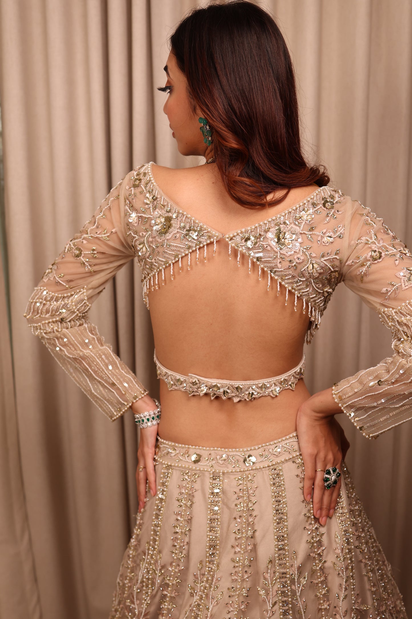 Cream & Gold Bridal's Slider Lehnga Choli With Sequences Work