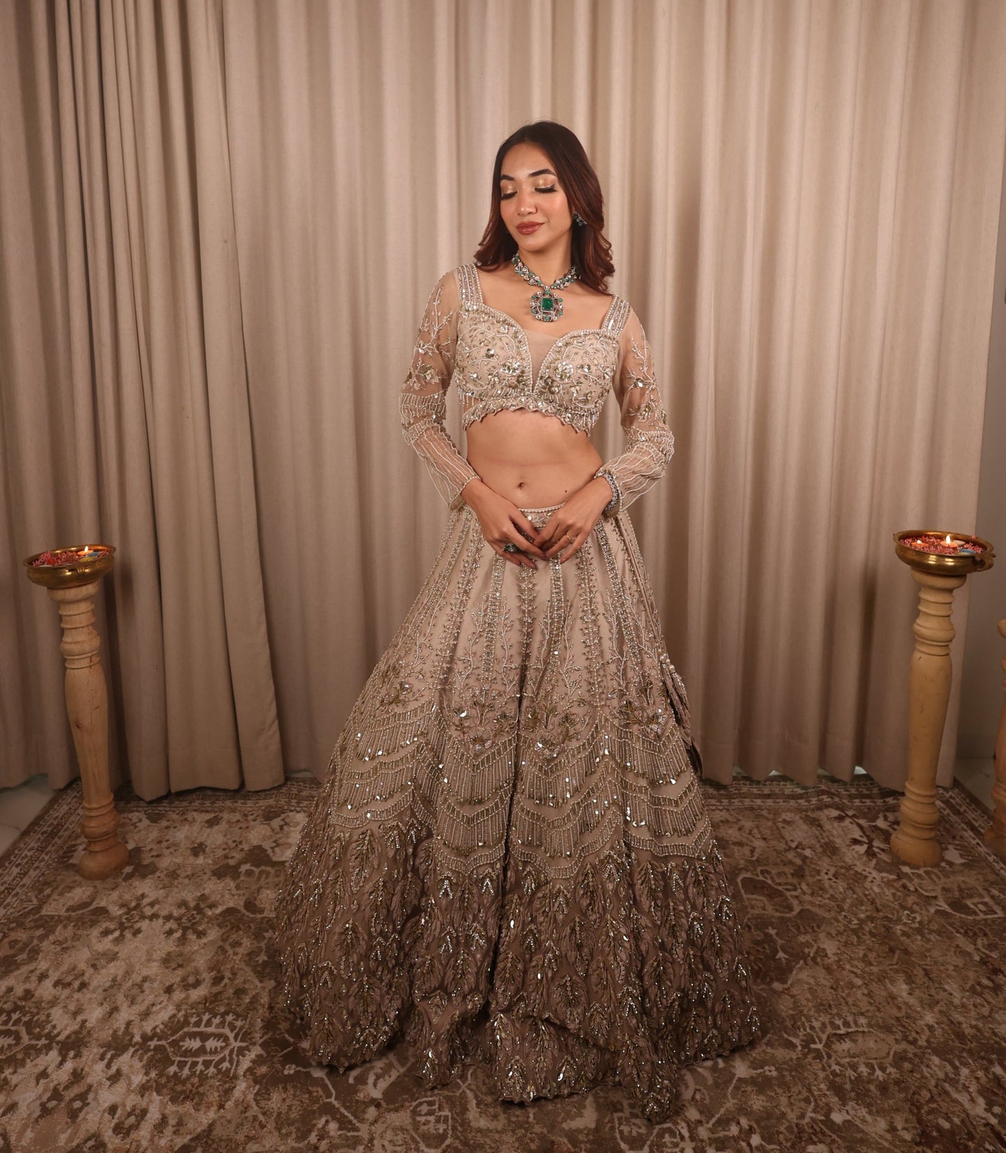 Cream & Gold Bridal's Slider Lehnga Choli With Sequences Work