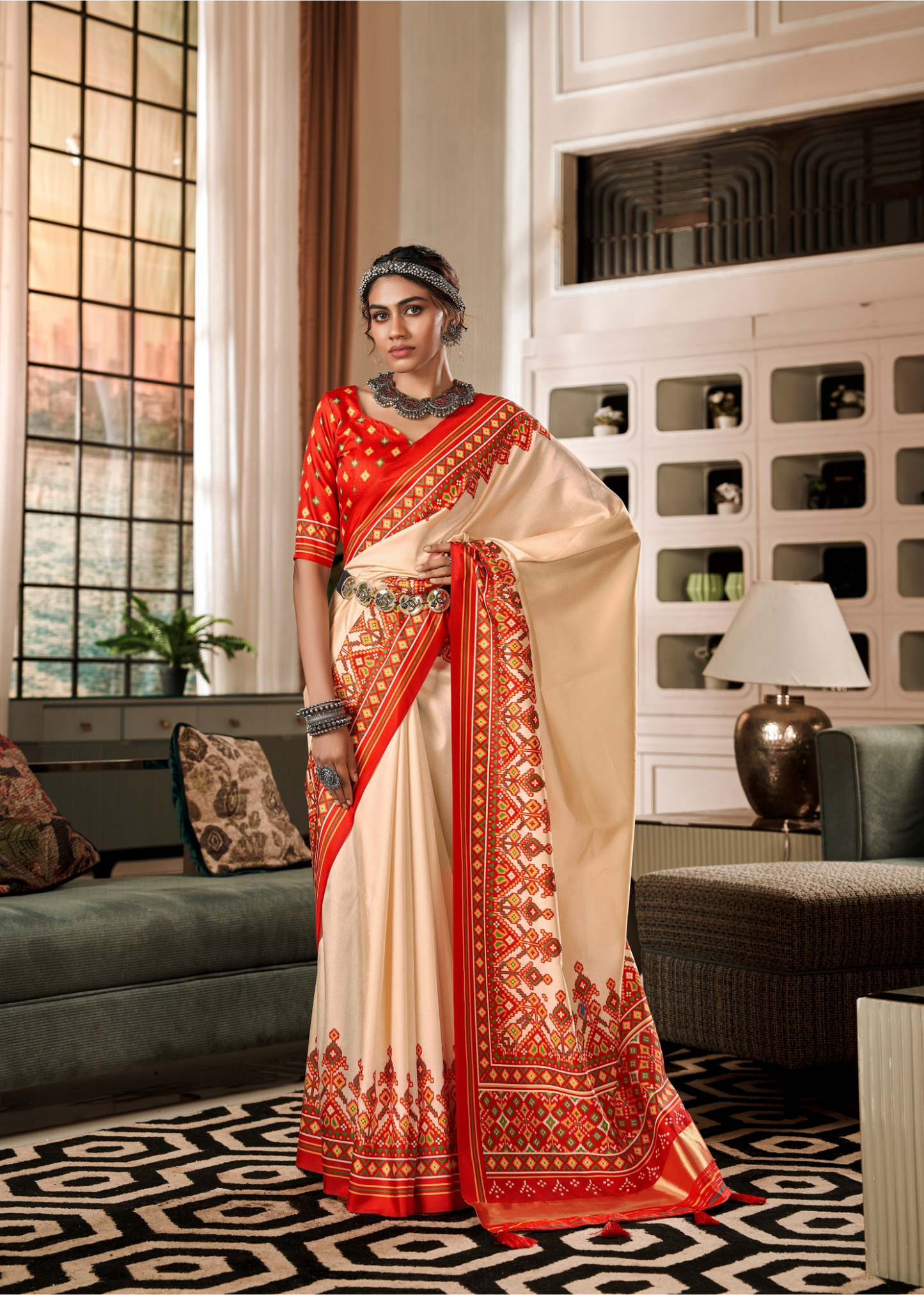 Cream & Red Patola Printed Tussar Silk Saree