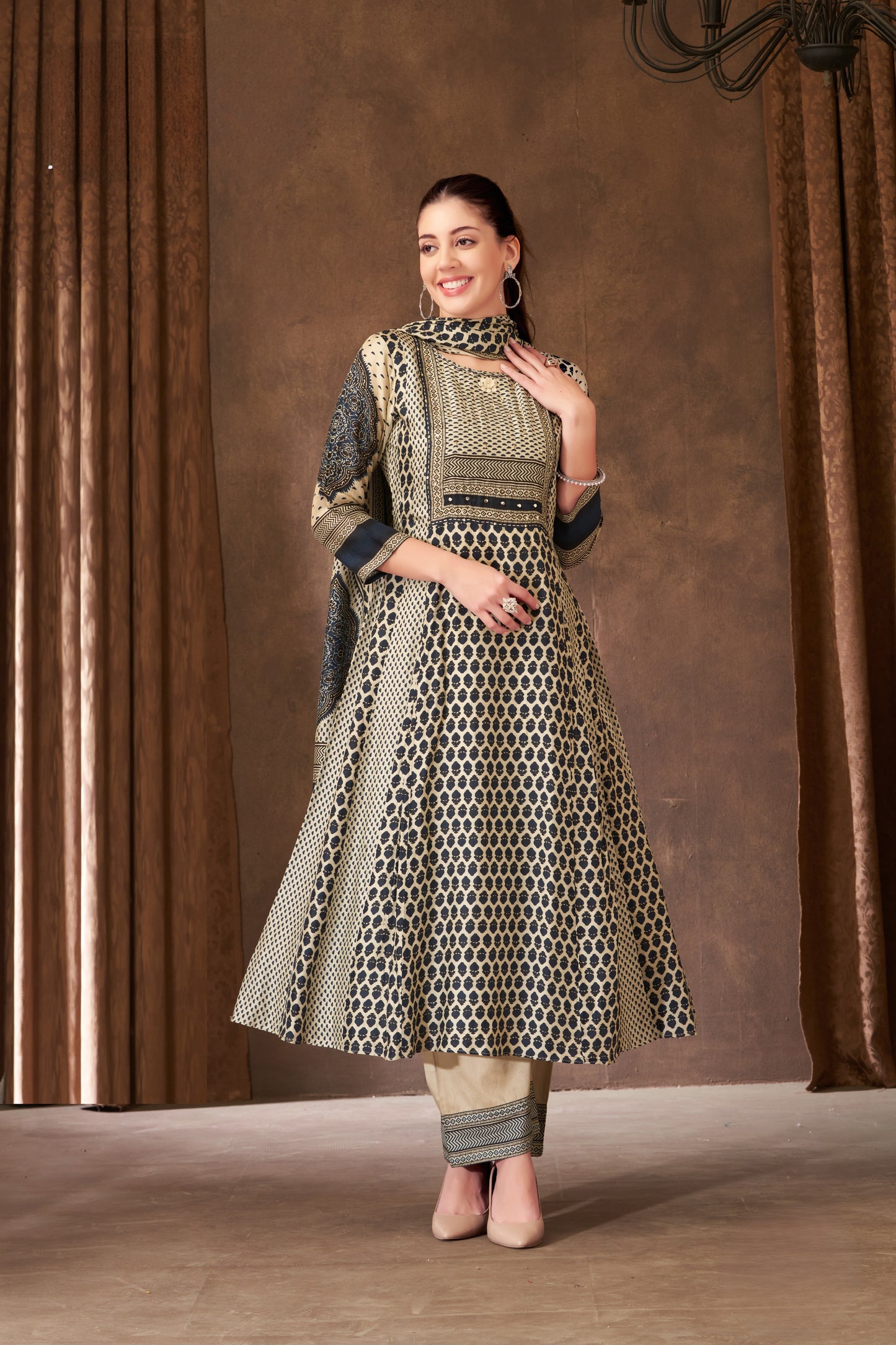 Cream and Dark Navy Blue Crepe Silk Kurti Set with Beads and Sequins Work