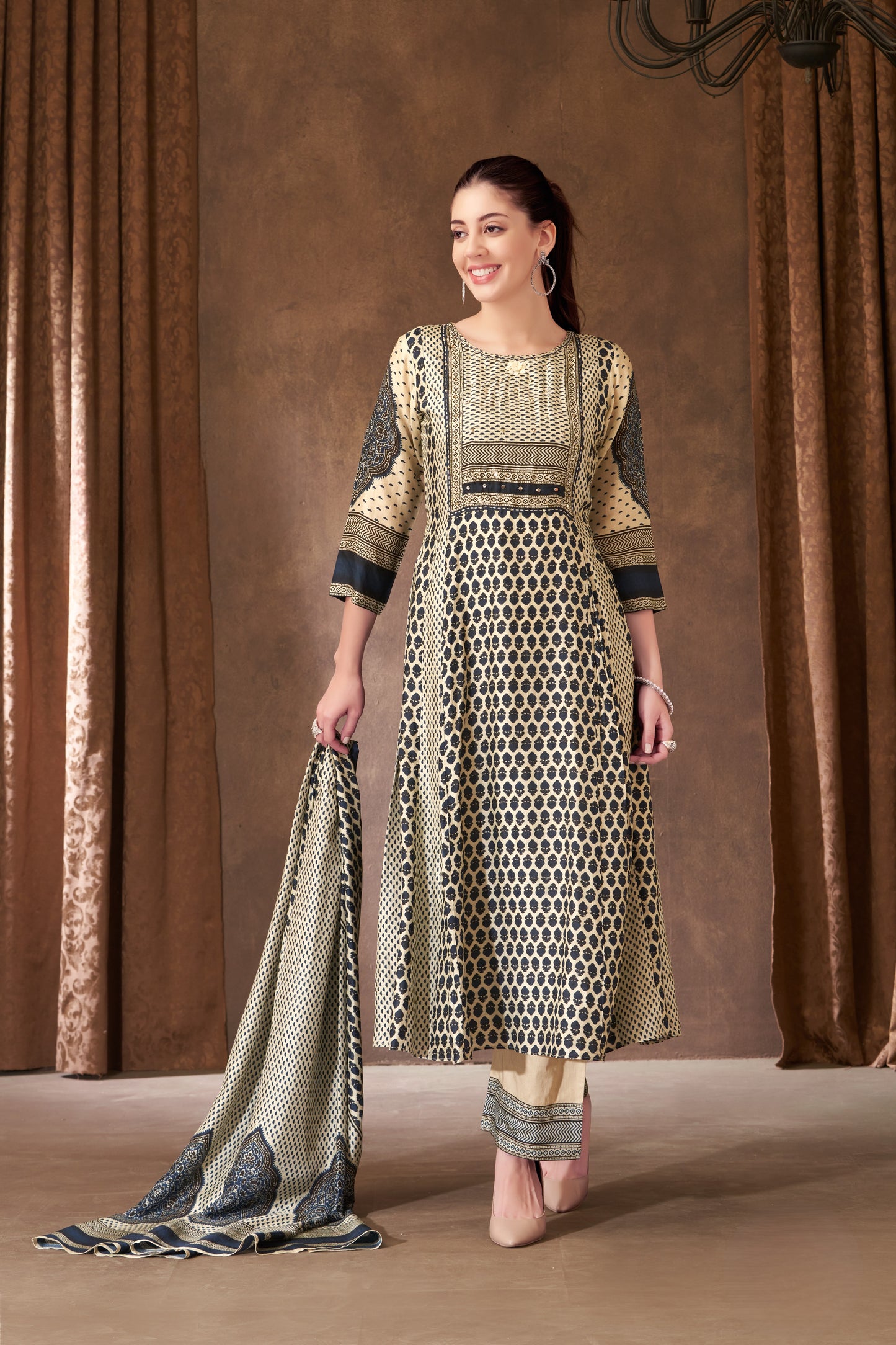 Cream and Dark Navy Blue Crepe Silk Kurti Set with Beads and Sequins Work