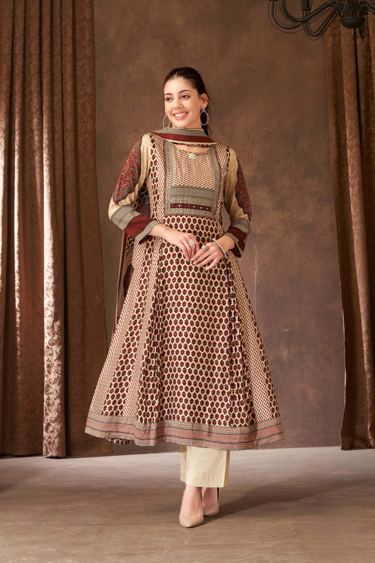 Cream and Maroon Crepe Silk Kurti Set with Beads and Sequins Work