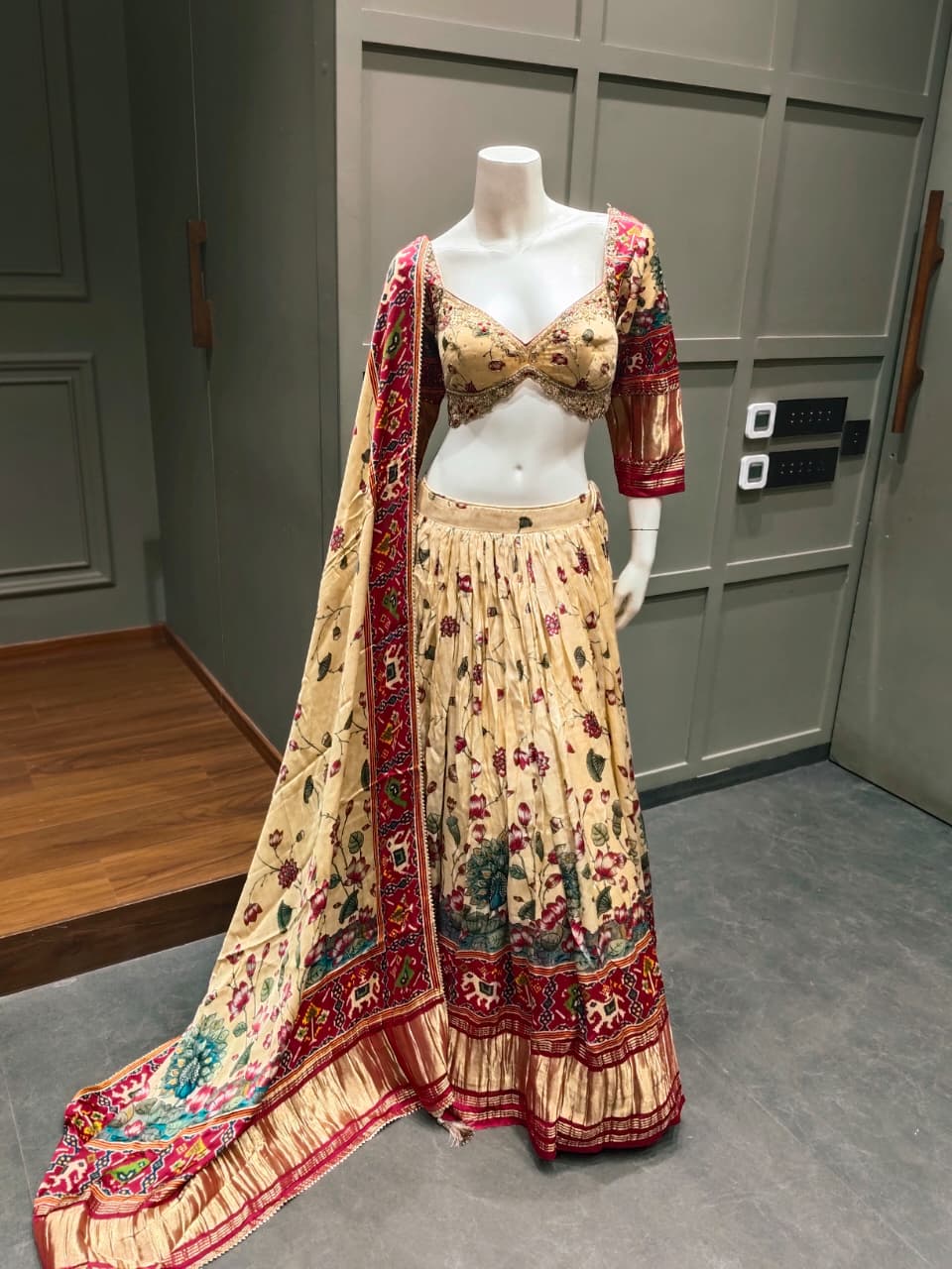 Cream and Red Floral Printed Lehenga Choli with Patola Border Dupatta
