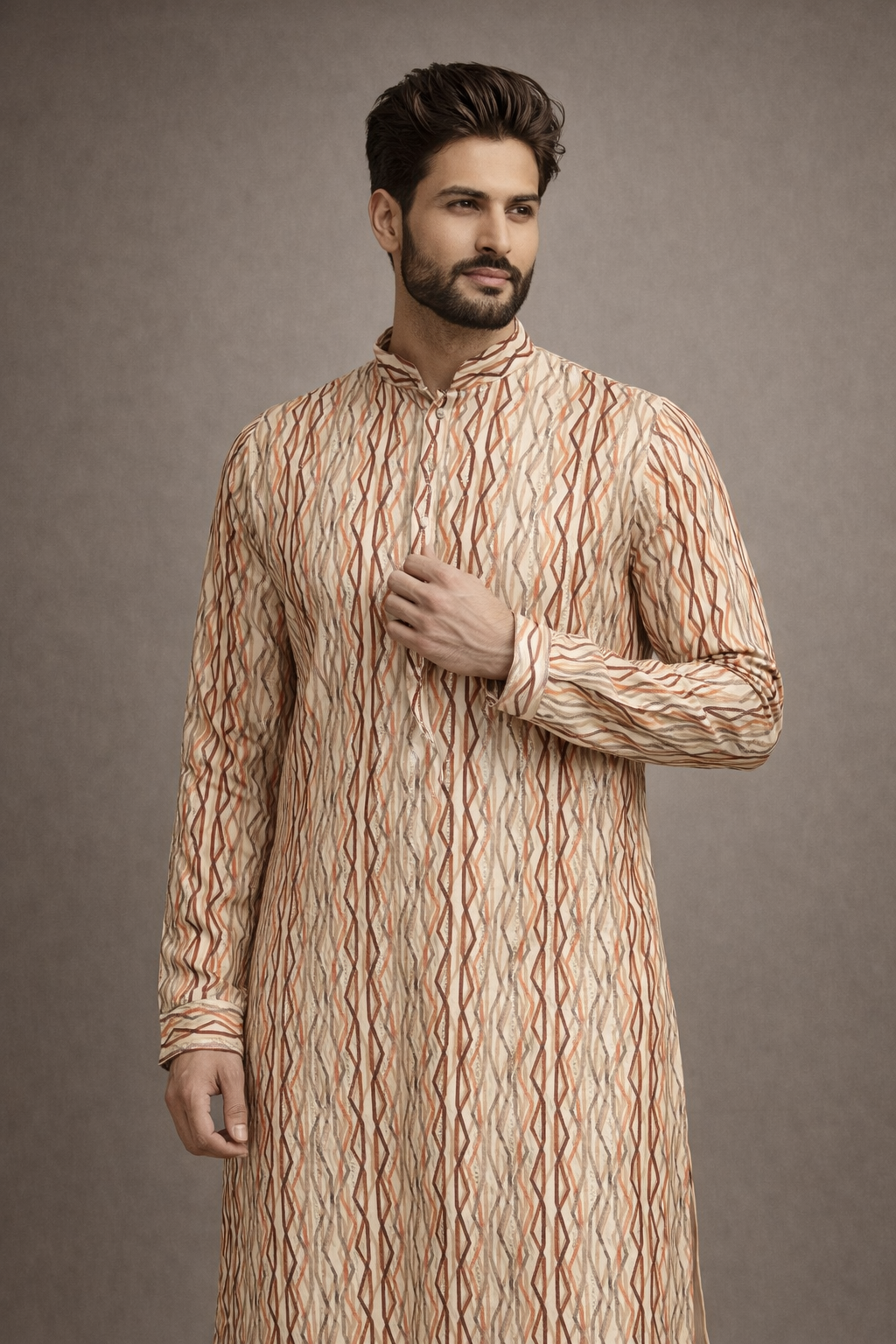 Cream and Rust Geometric Printed Kurta Set for Men with Straight Fit Pants