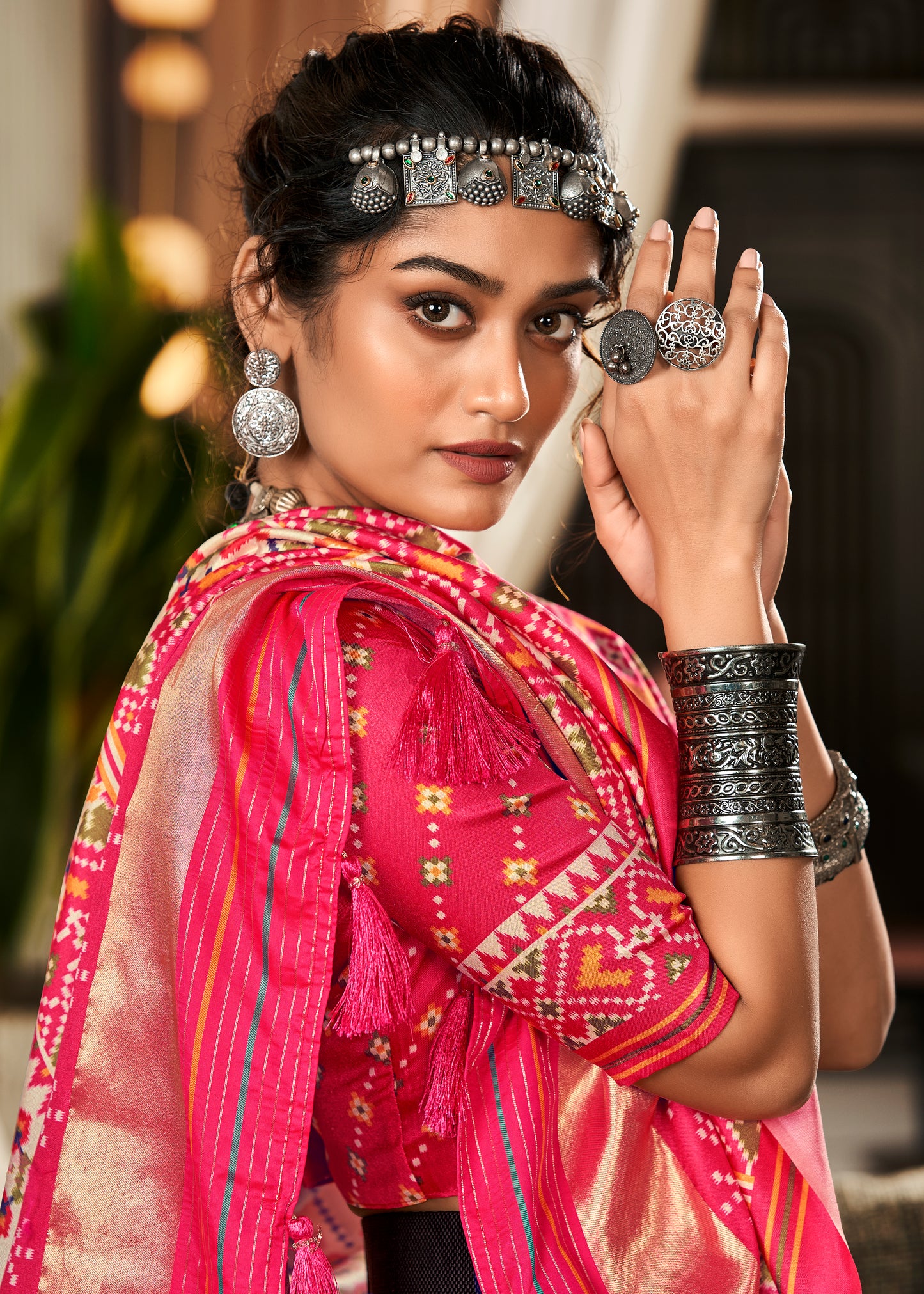 Creme Pink Patola Silk Saree