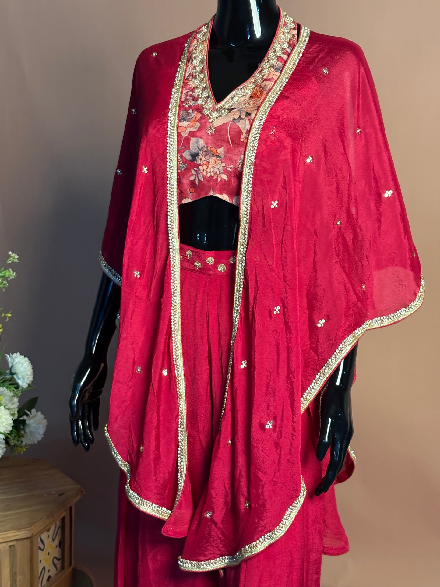 Crimson Red Indo-Western Co-ord Set with Embroidered Blouse & Cape Dupatta