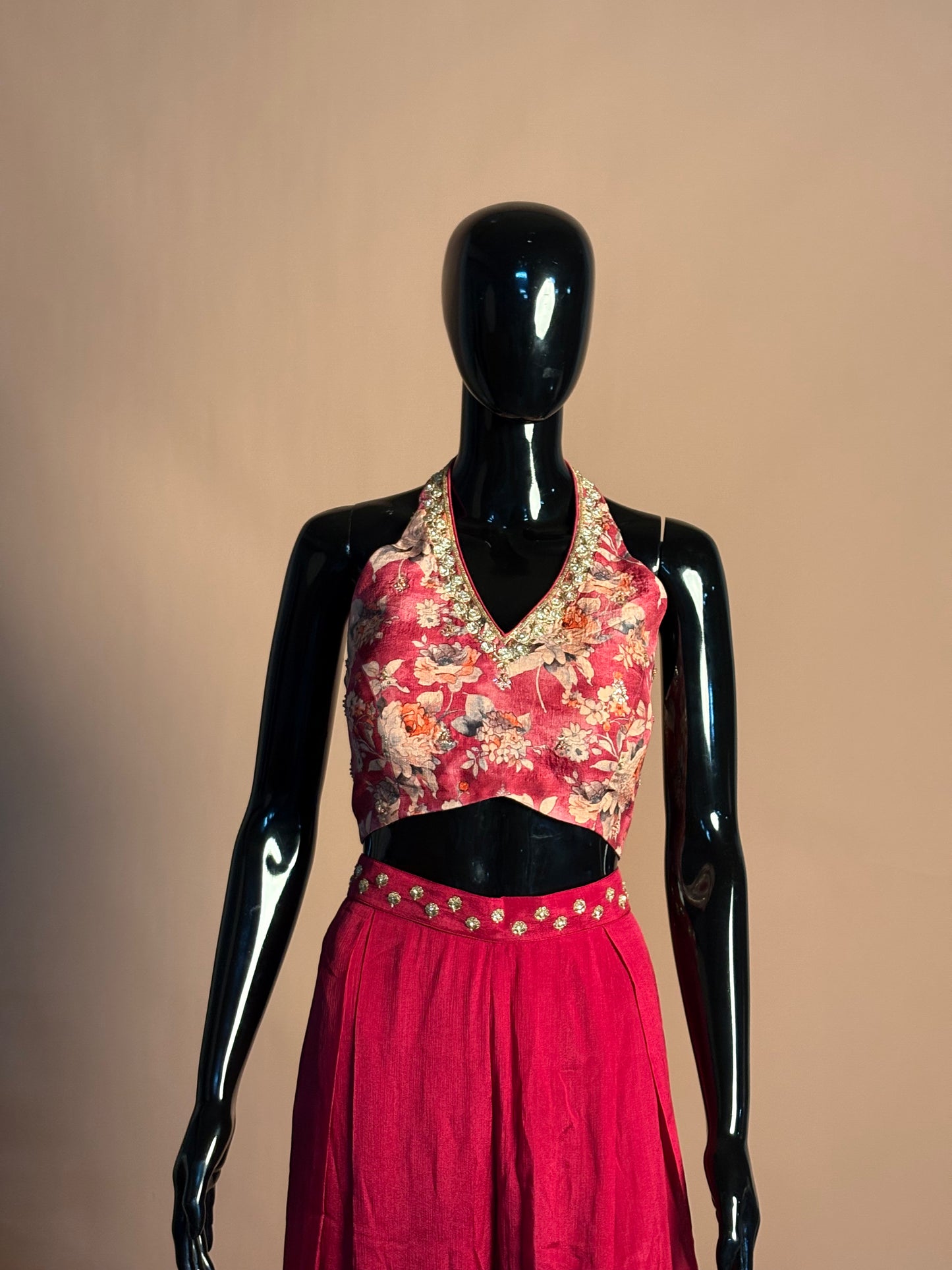 Crimson Red Indo-Western Co-ord Set with Embroidered Blouse & Cape Dupatta