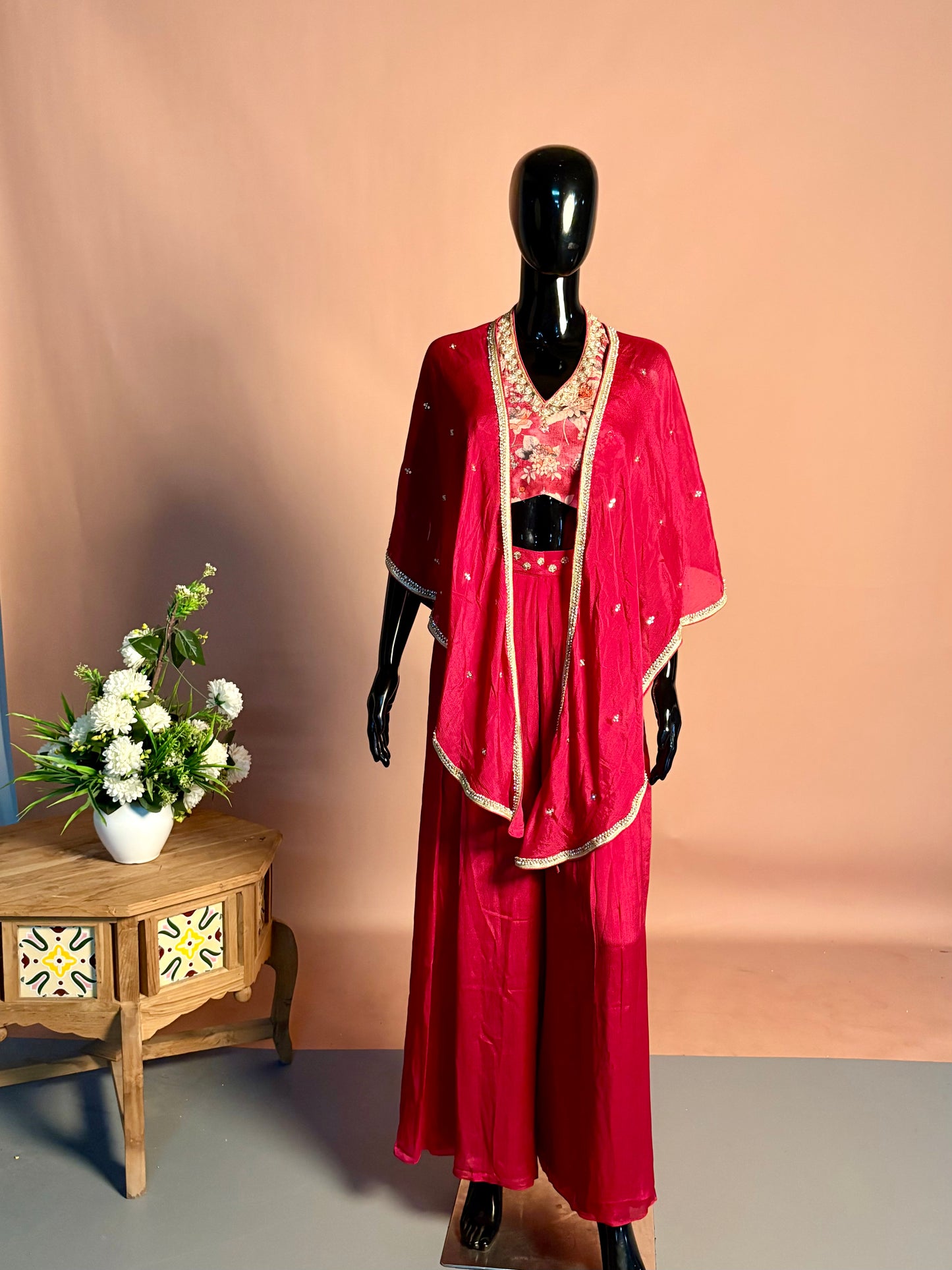 Crimson Red Indo-Western Co-ord Set with Embroidered Blouse & Cape Dupatta