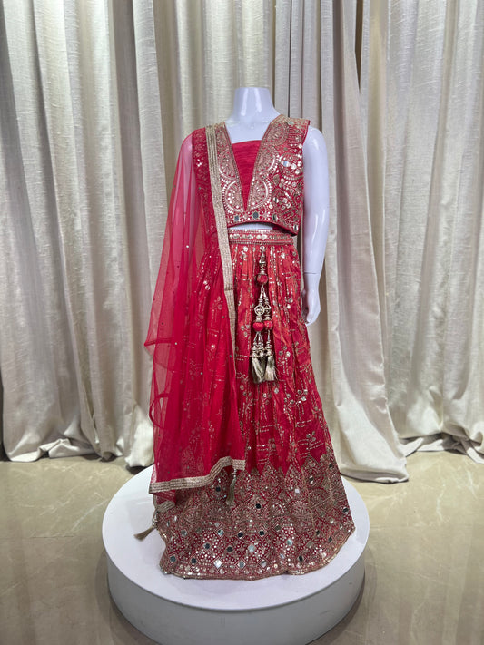 Crimson Red Mirror Work Lehenga Set for Girls