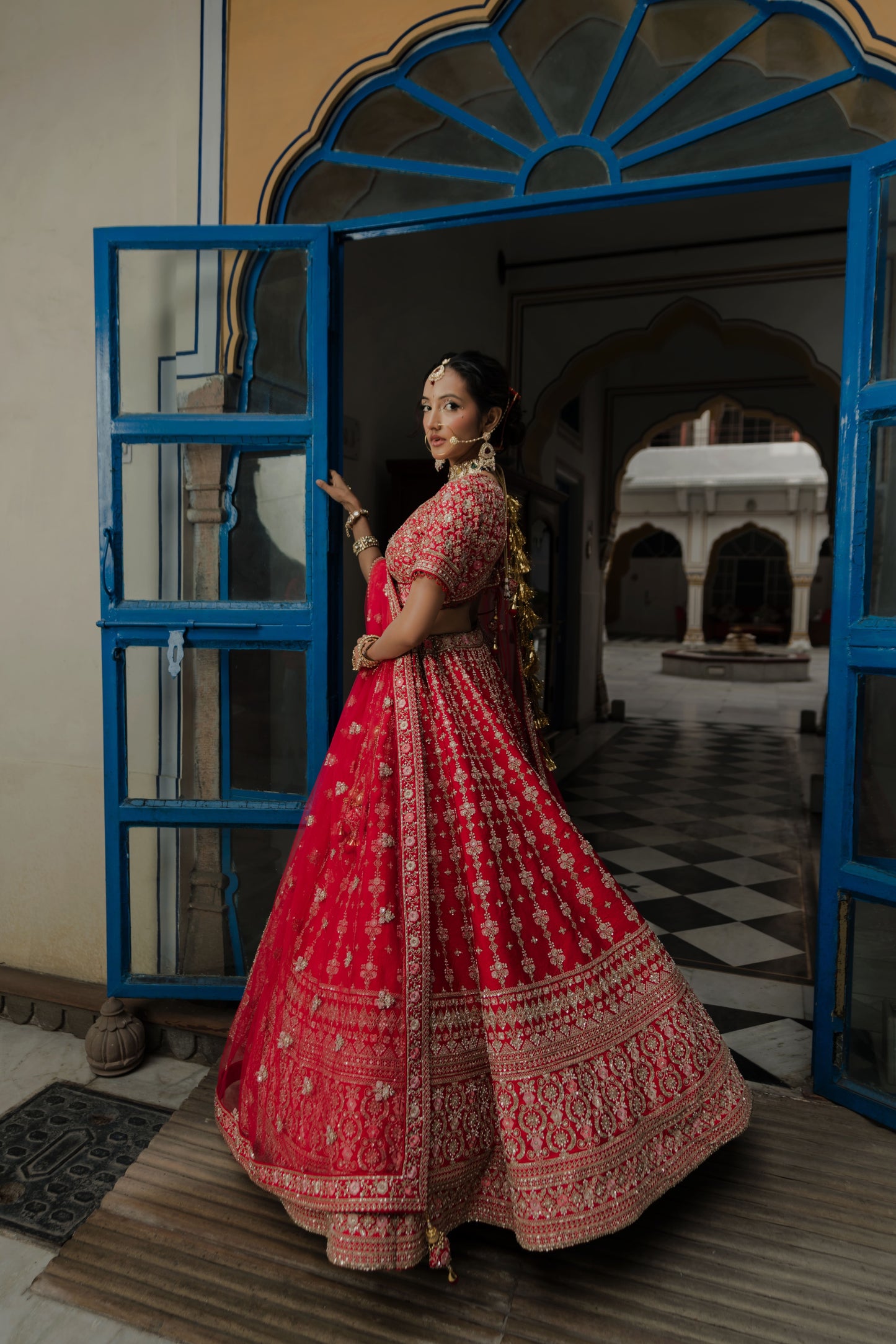 Crimson Red Silk Bridal Lehenga with Sequins & Dori Work