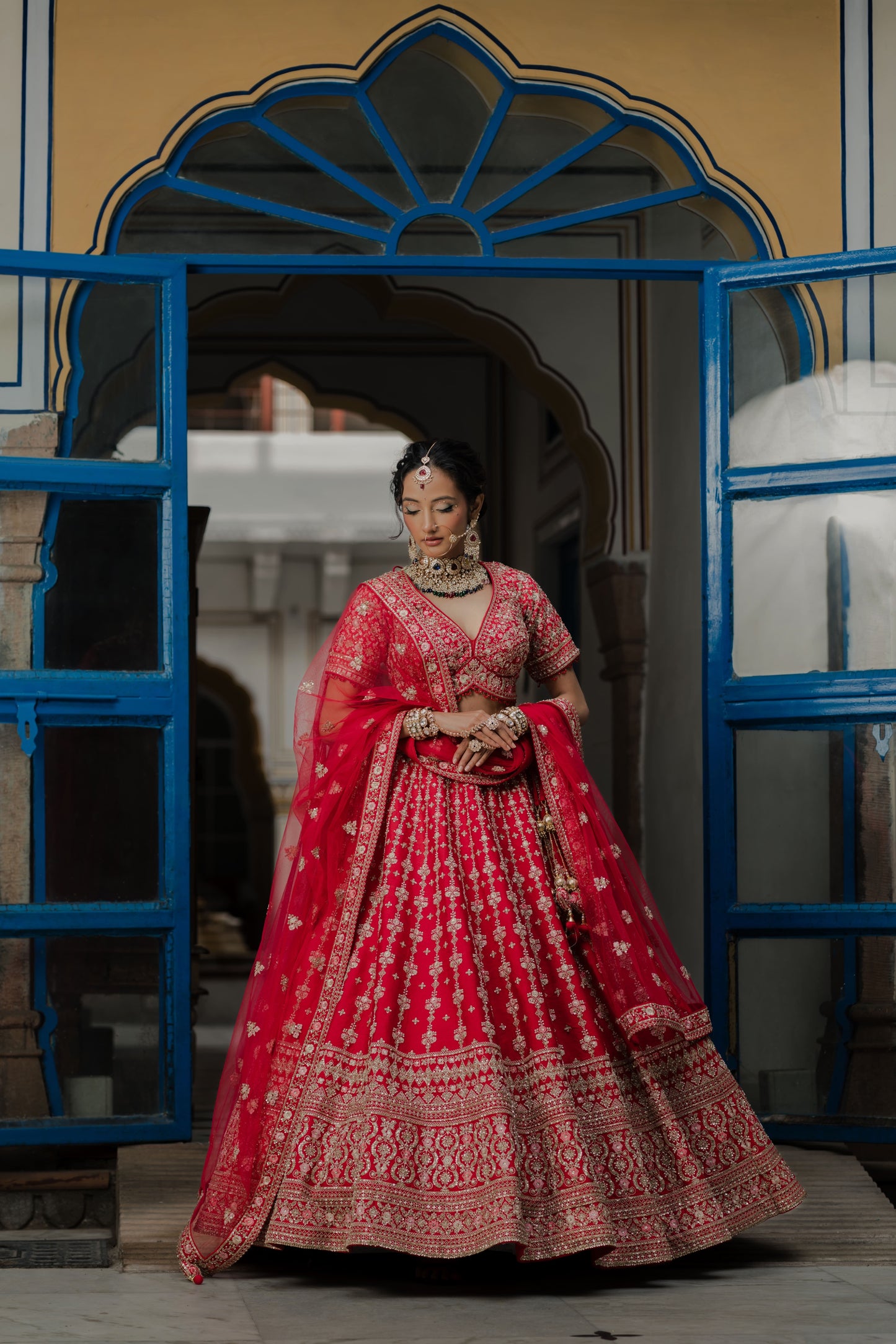 Crimson Red Silk Bridal Lehenga with Sequins & Dori Work