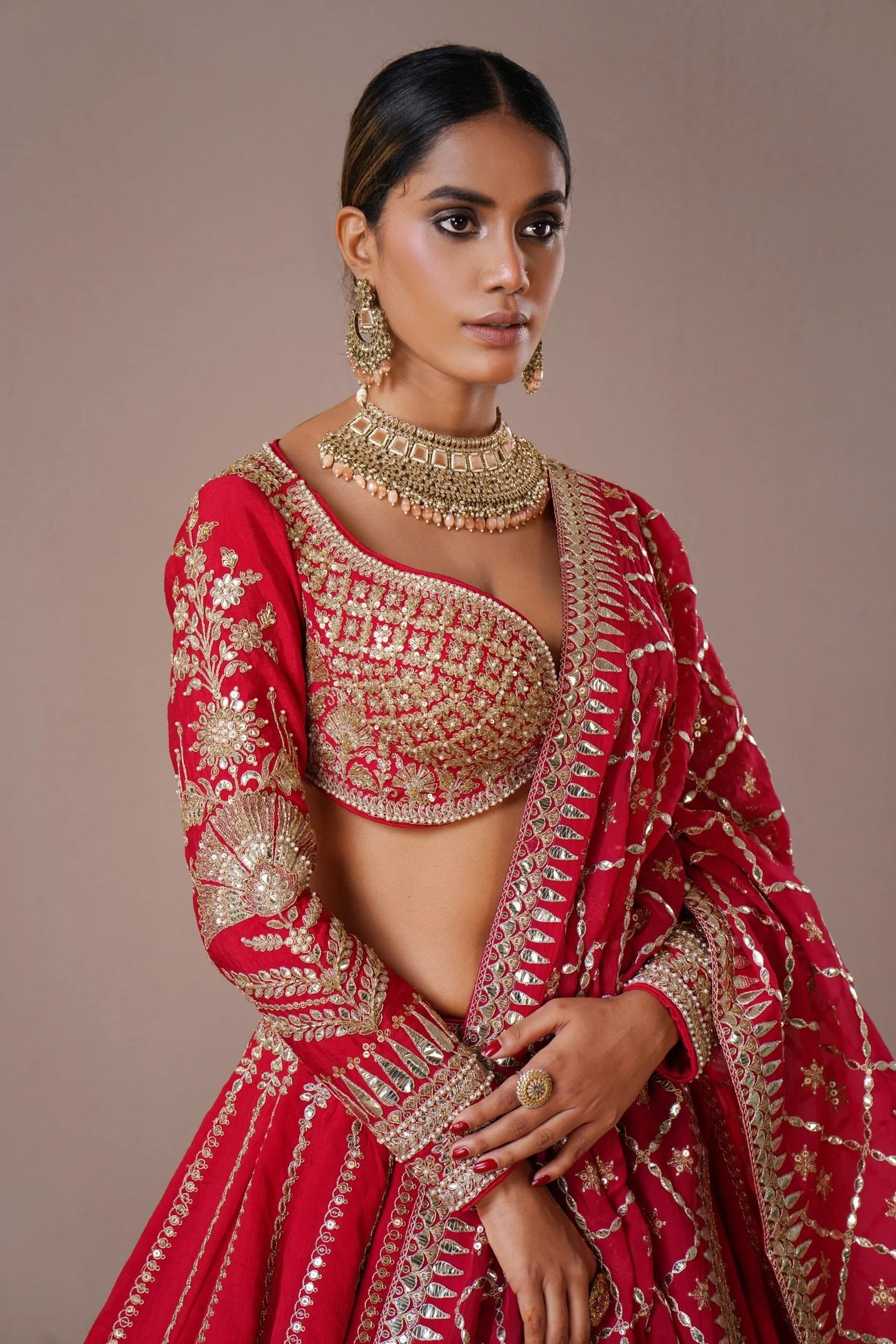 Crimson Red Zardozi Embroidered Silk Lehenga Set