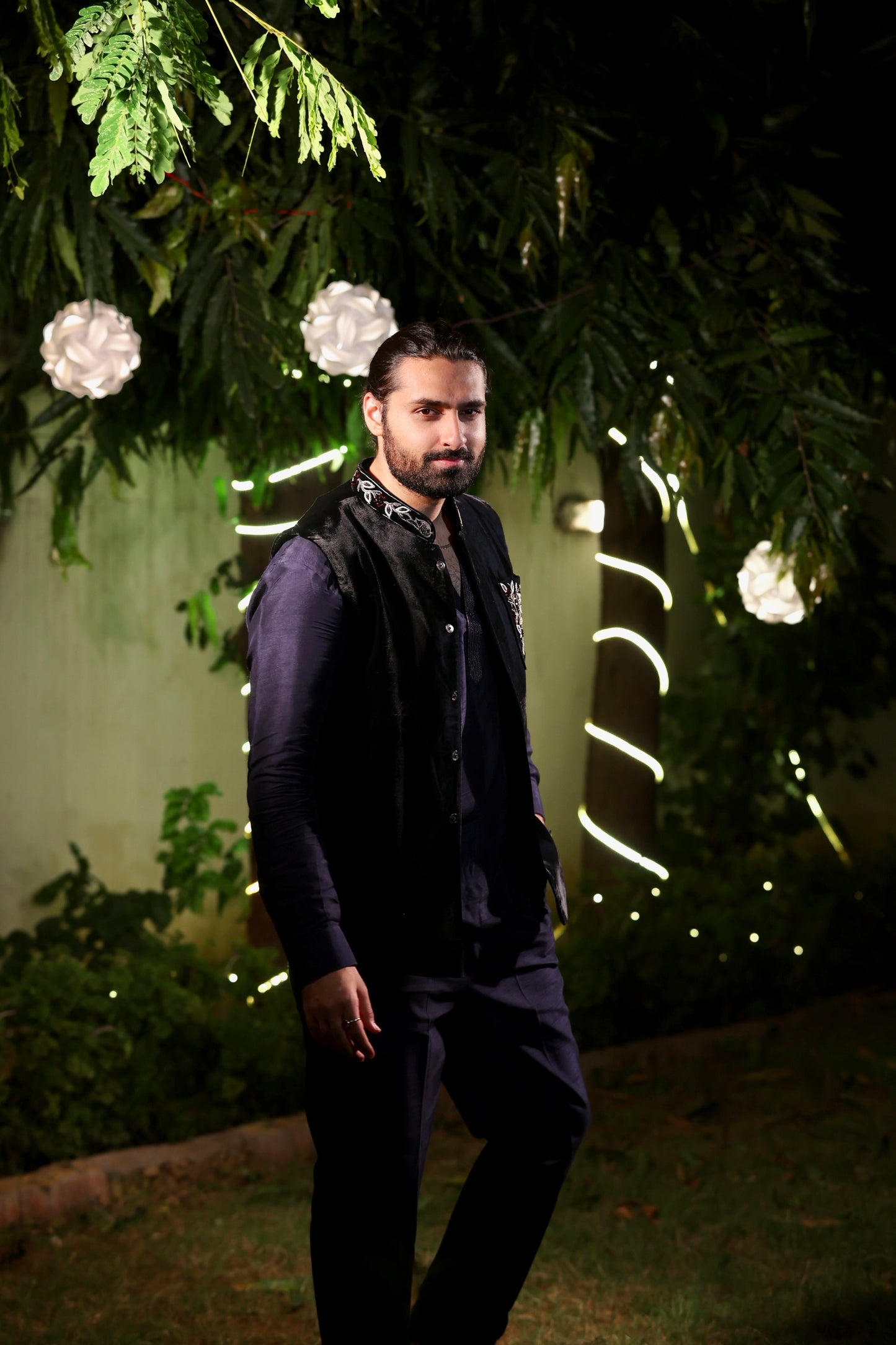 Black Suede Nehru Jacket with Kurta Set