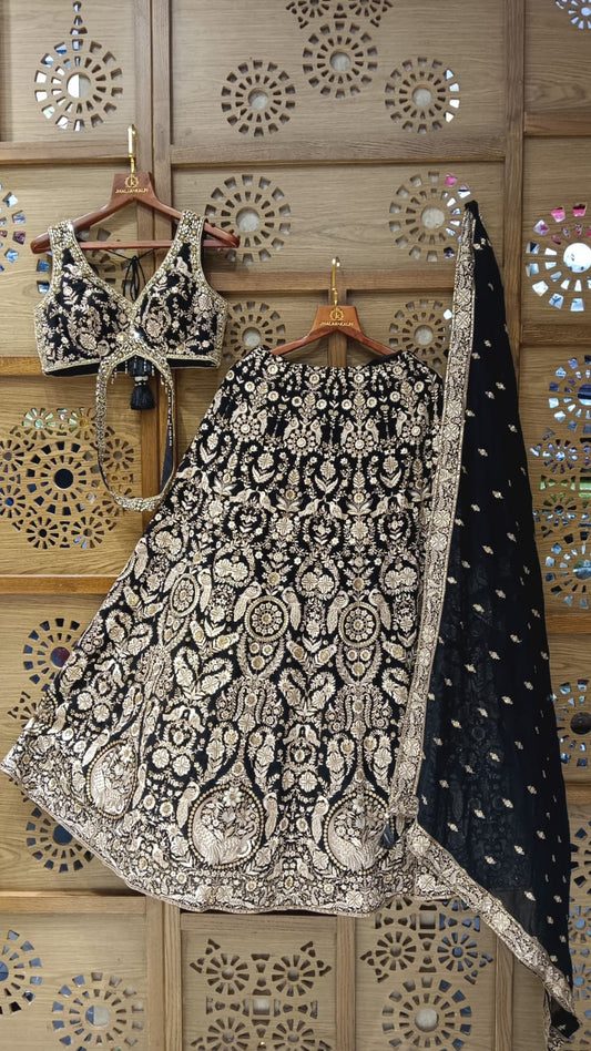 Black Georgette Bridal Lehenga with Gold Zardosi Embroidery