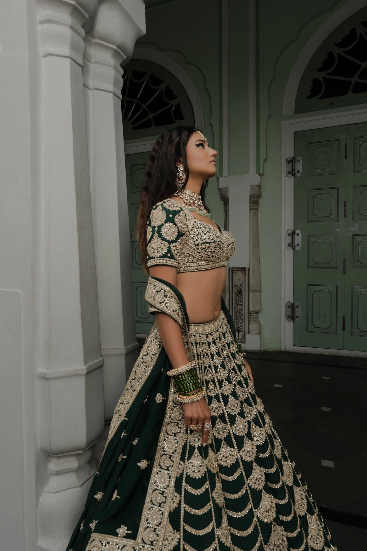 Dark Green Raw Silk Lehenga with Gold Zardosi Embroidery