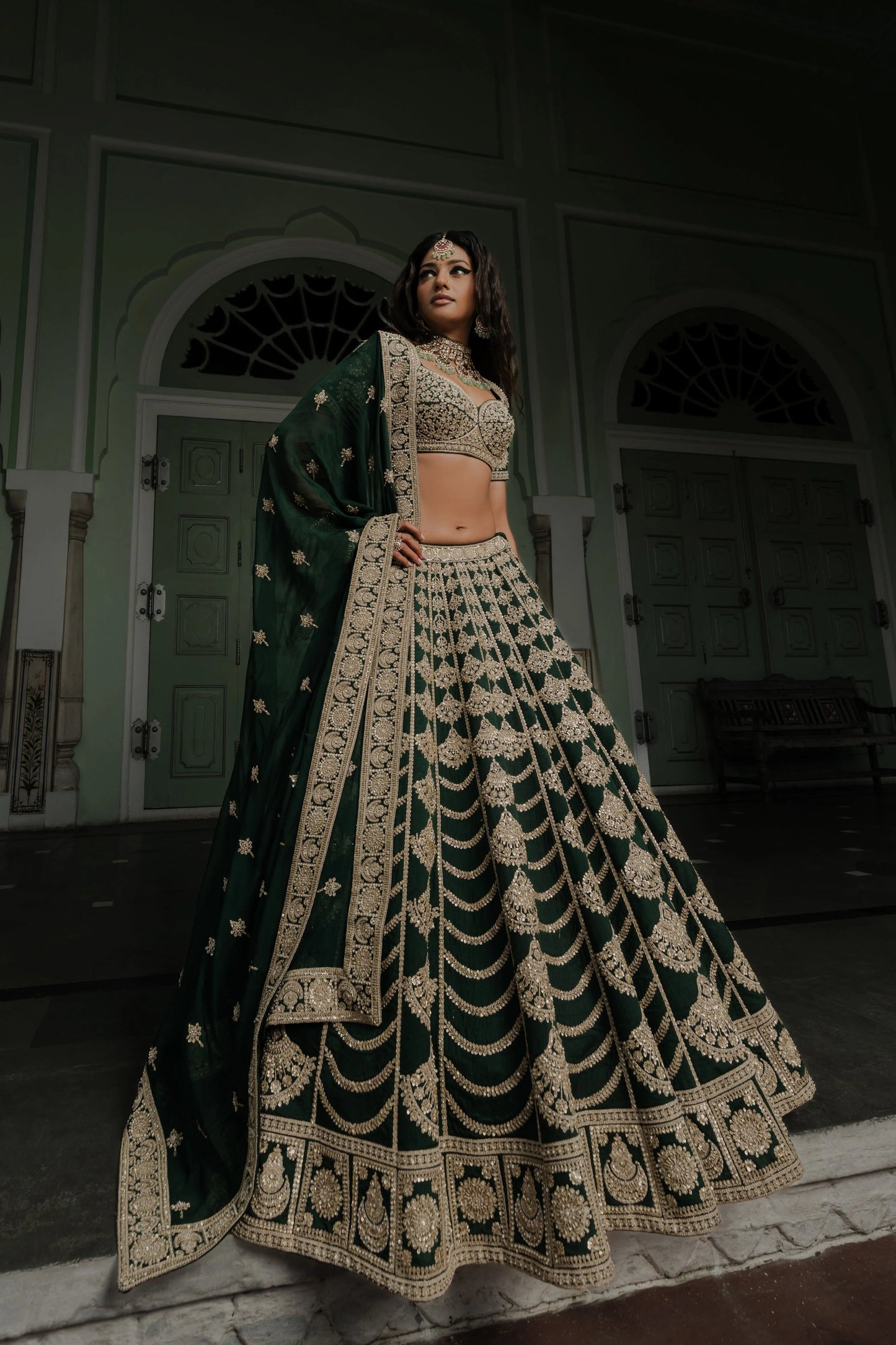 Dark Green Raw Silk Lehenga with Gold Zardosi Embroidery