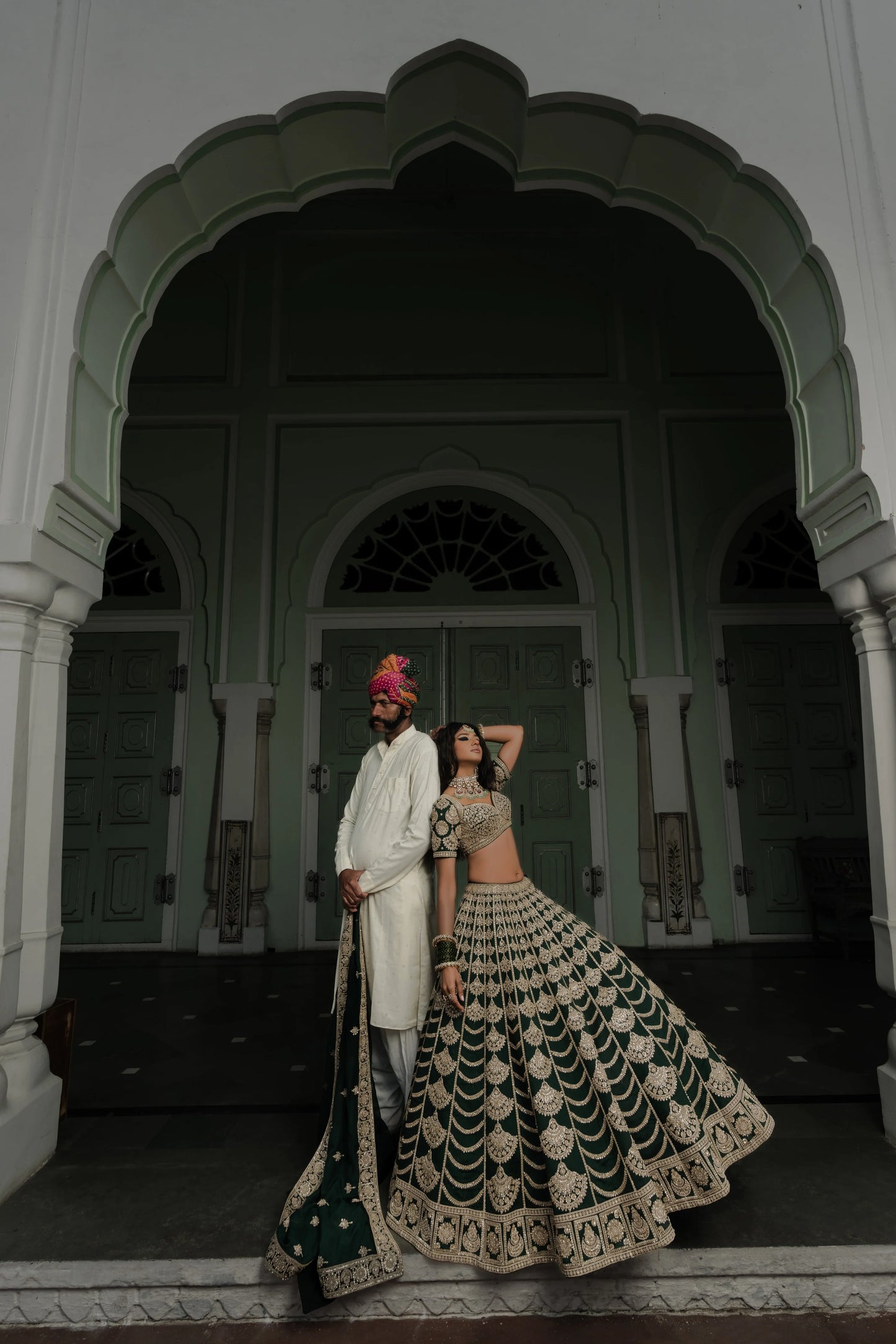 Dark Green Raw Silk Lehenga with Gold Zardosi Embroidery