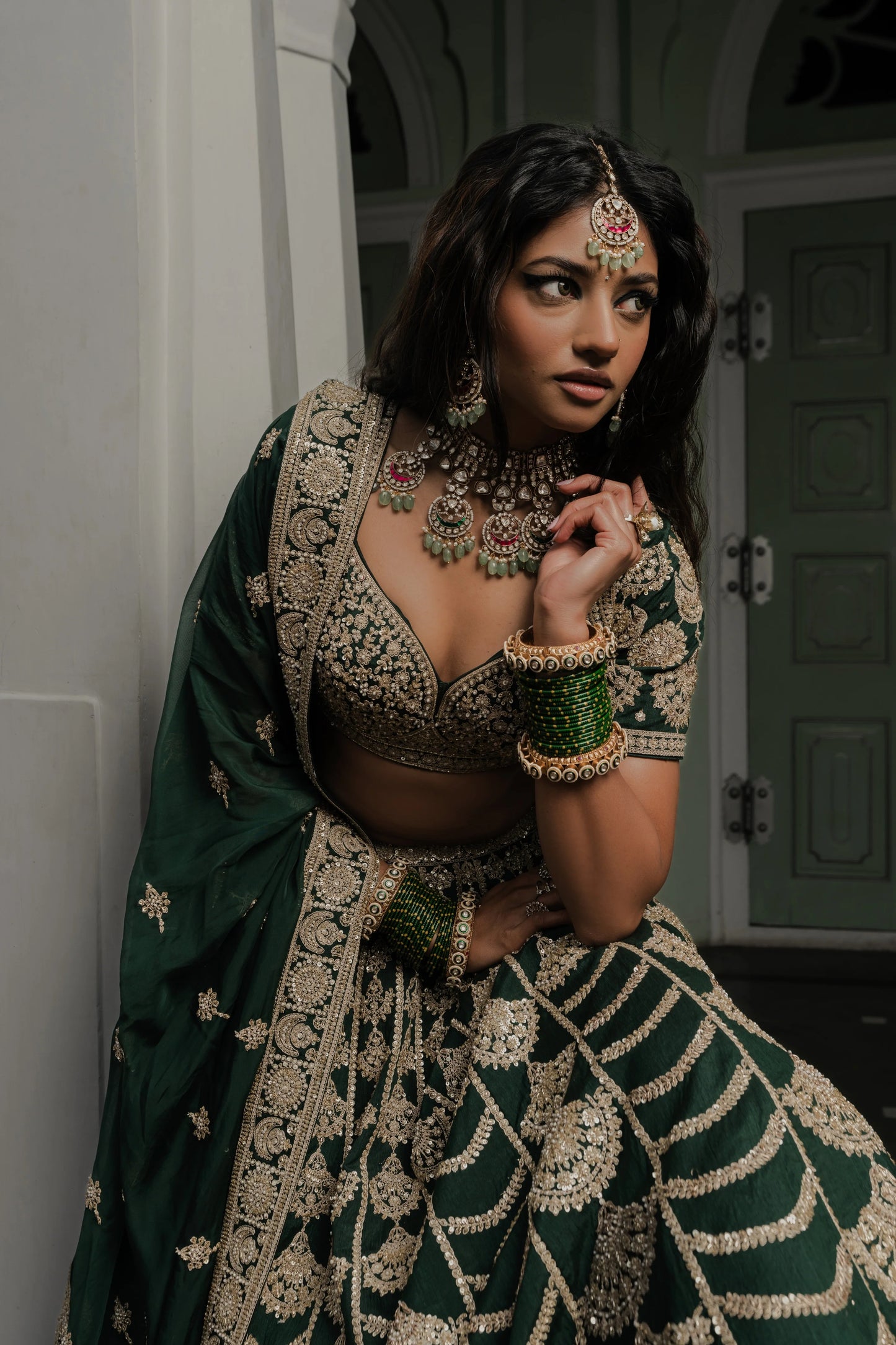 Dark Green Raw Silk Lehenga with Gold Zardosi Embroidery