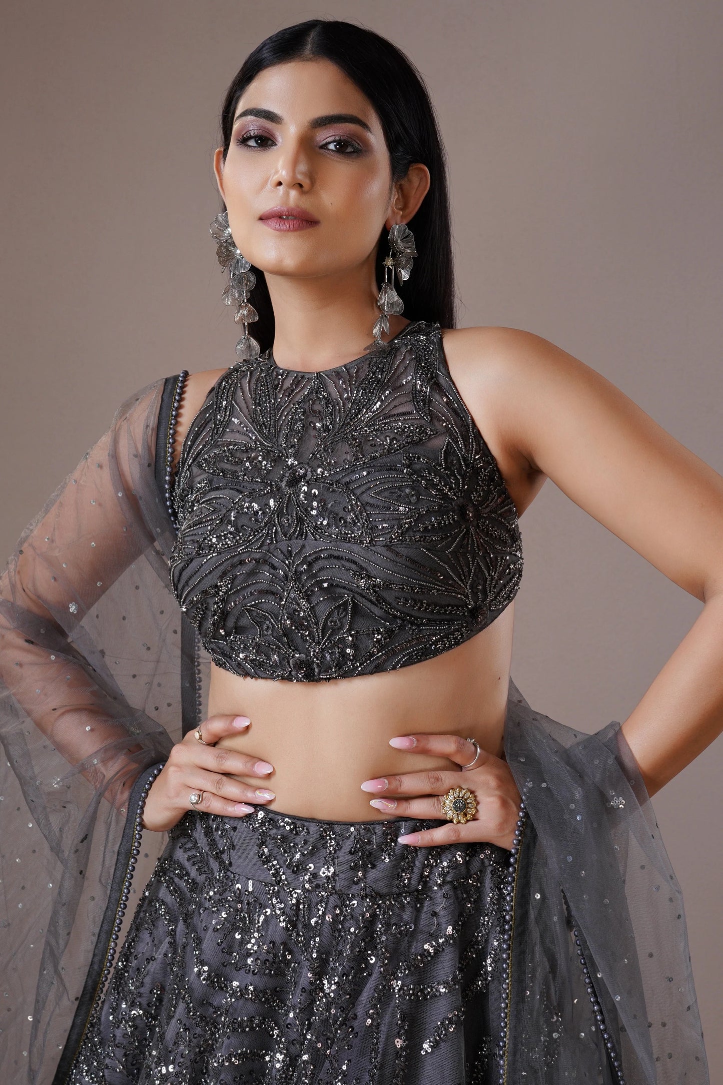 Dark Grey Sequin Embroidered Lehenga Set
