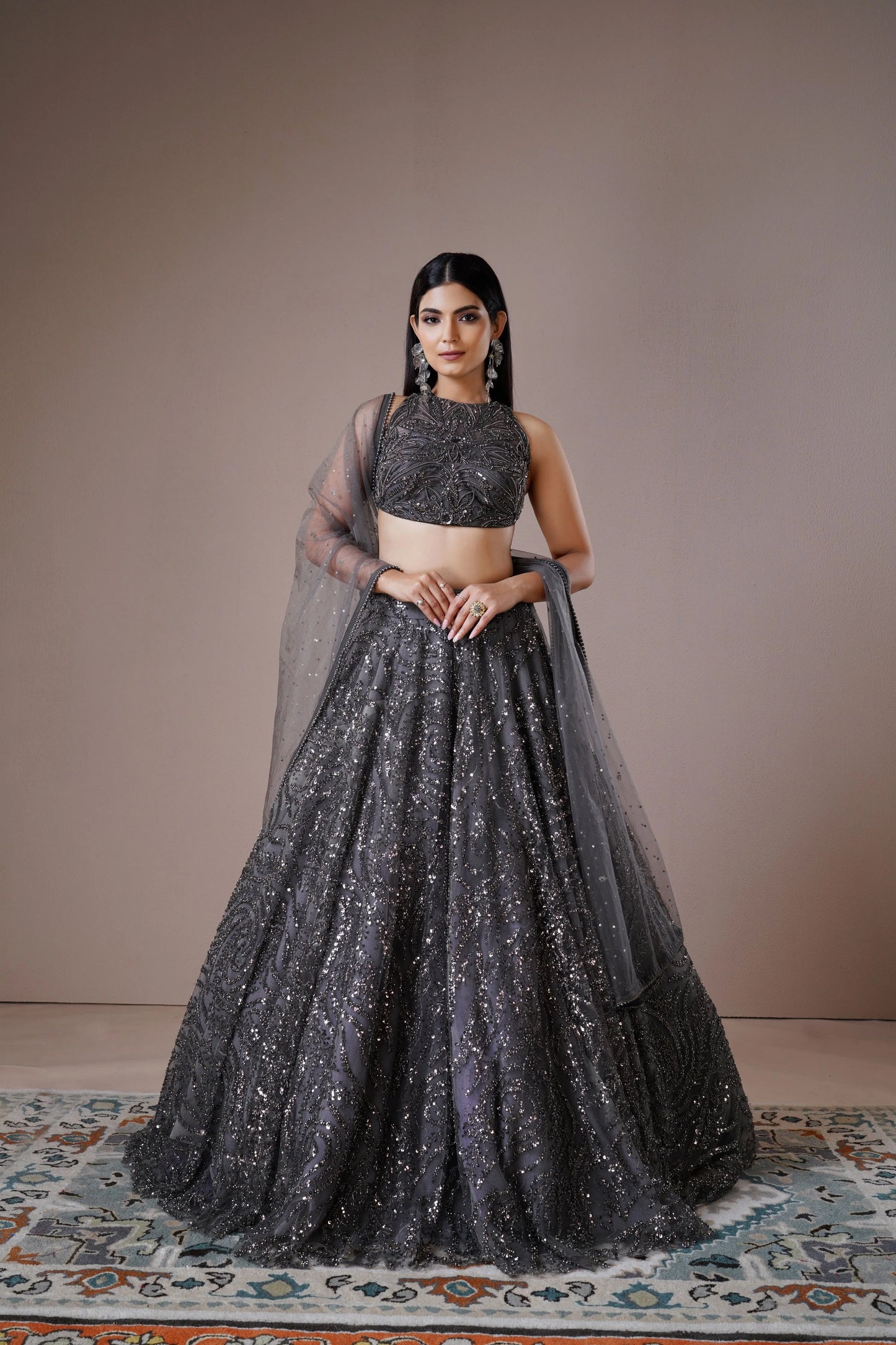 Dark Grey Sequin Embroidered Lehenga Set