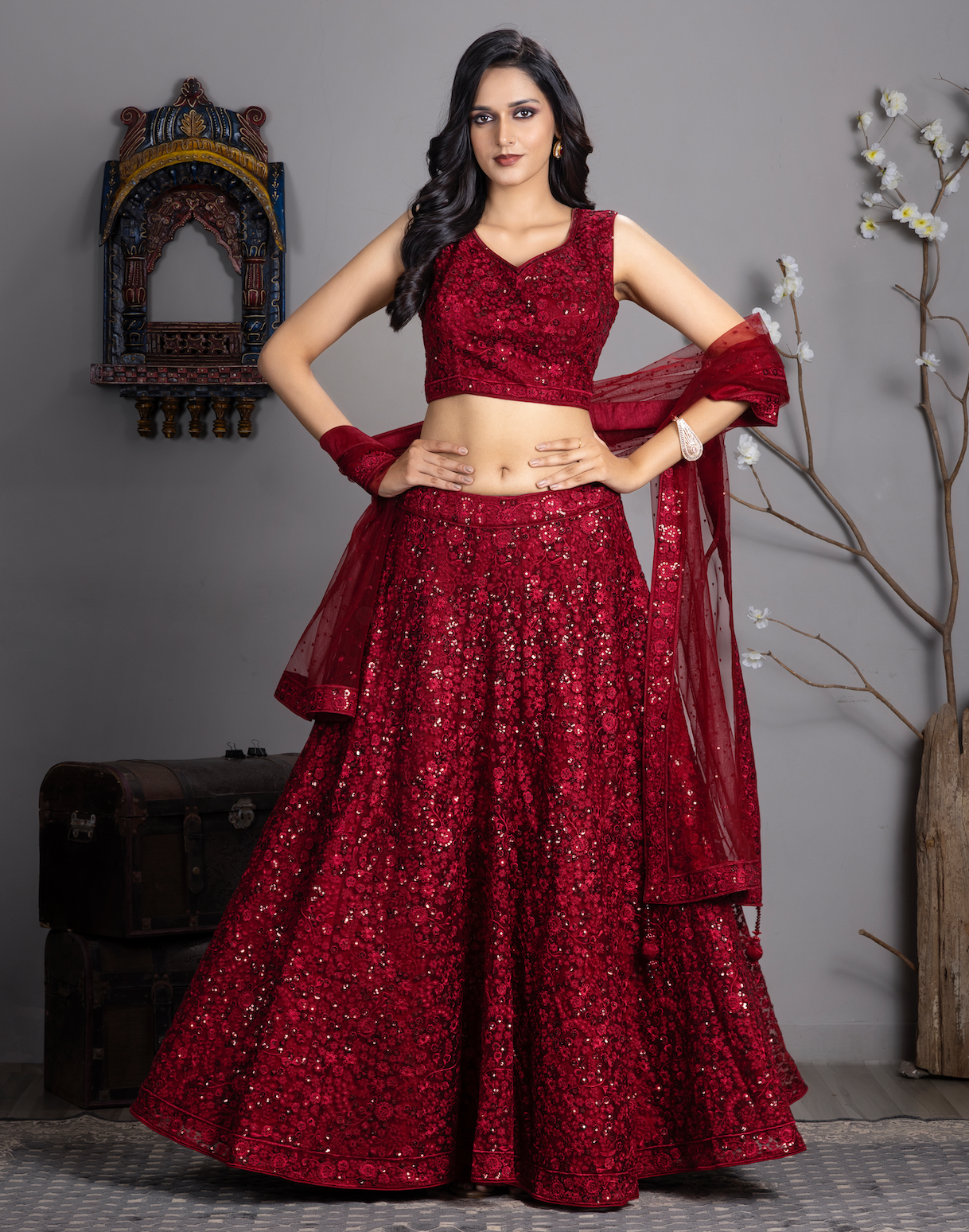 Dark Red embroider Lehnga Choli