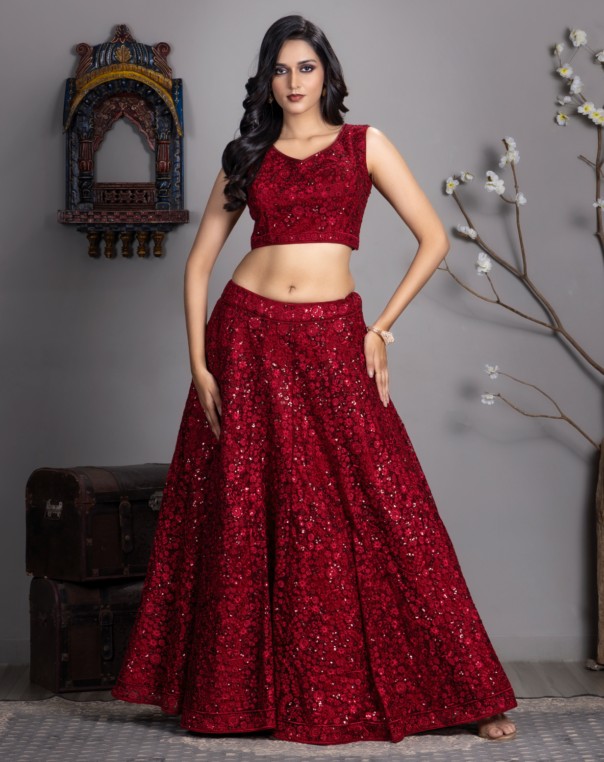 Dark Red embroider Lehnga Choli