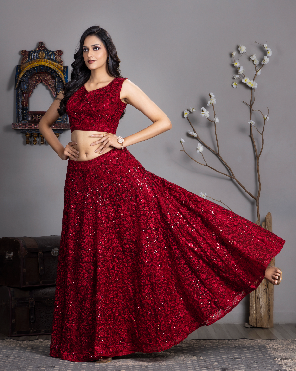 Dark Red embroider Lehnga Choli