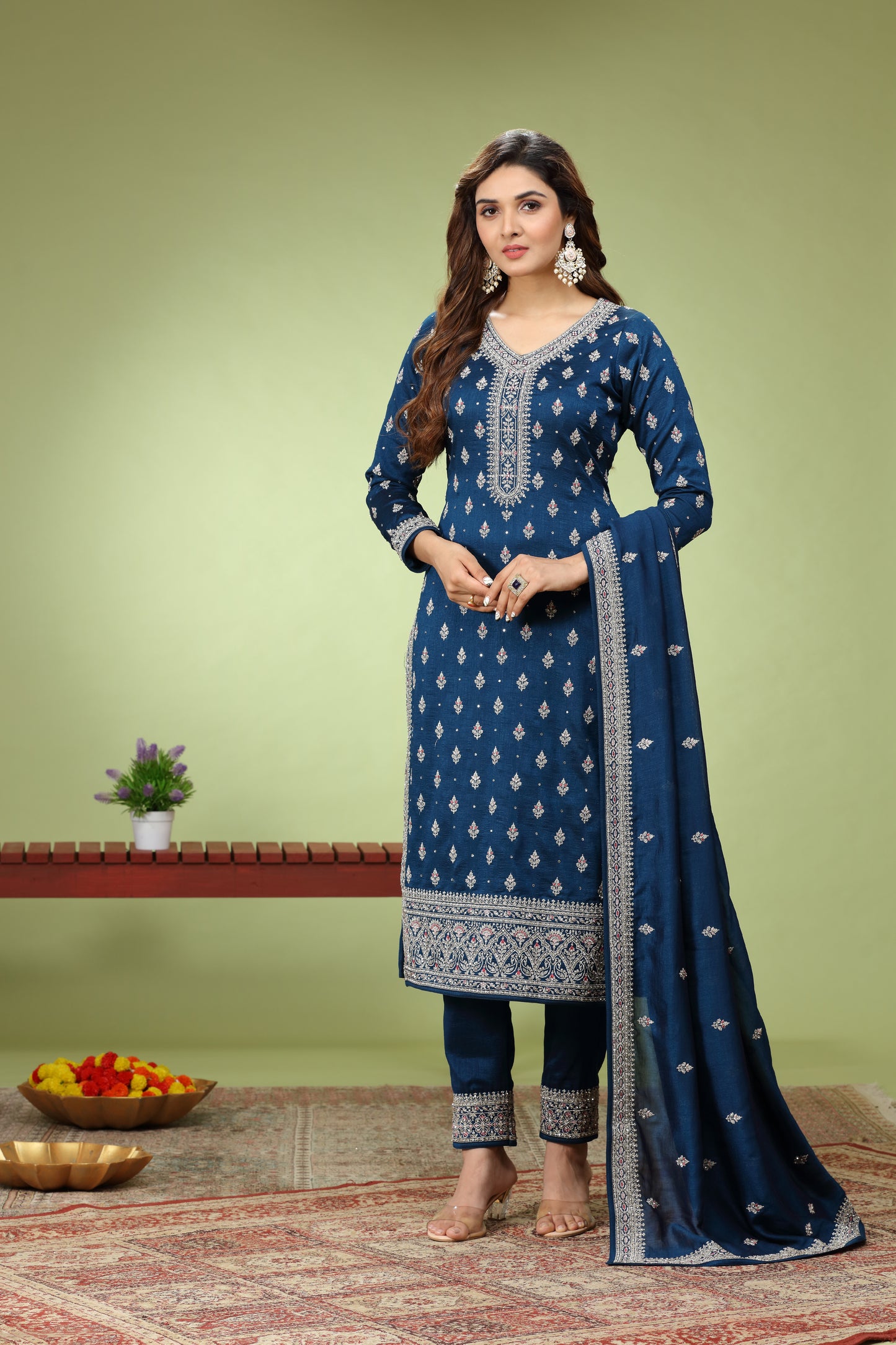 Dark Blue Embroidered Straight Kurta Set