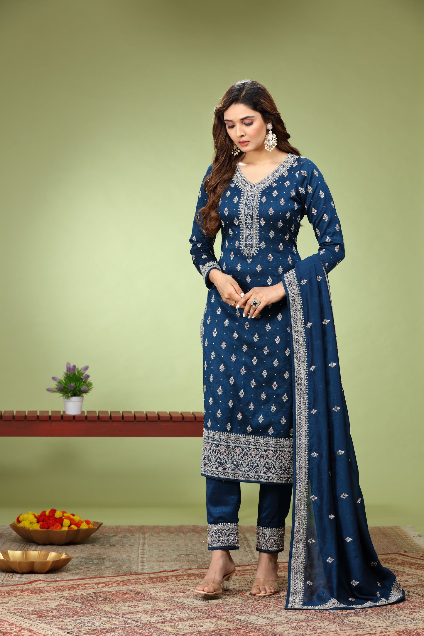 Dark Blue Embroidered Straight Kurta Set