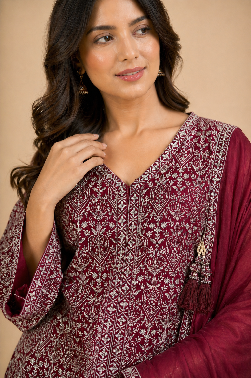 Deep Maroon Embroidered Lehenga Set with White Thread work & Dupatta
