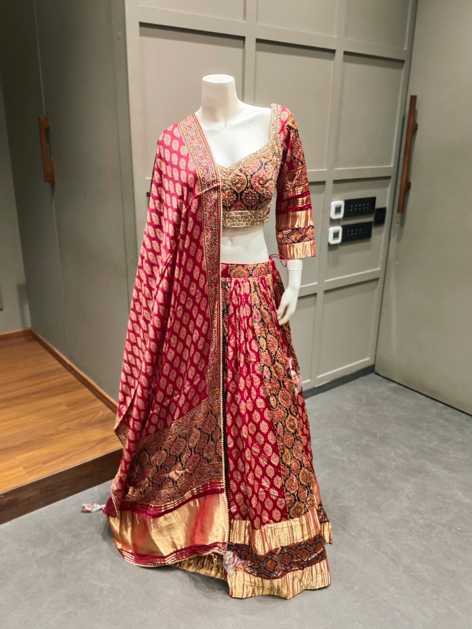 Deep Red and Antique Gold Printed Gujarati Navratri Chaniya Choli