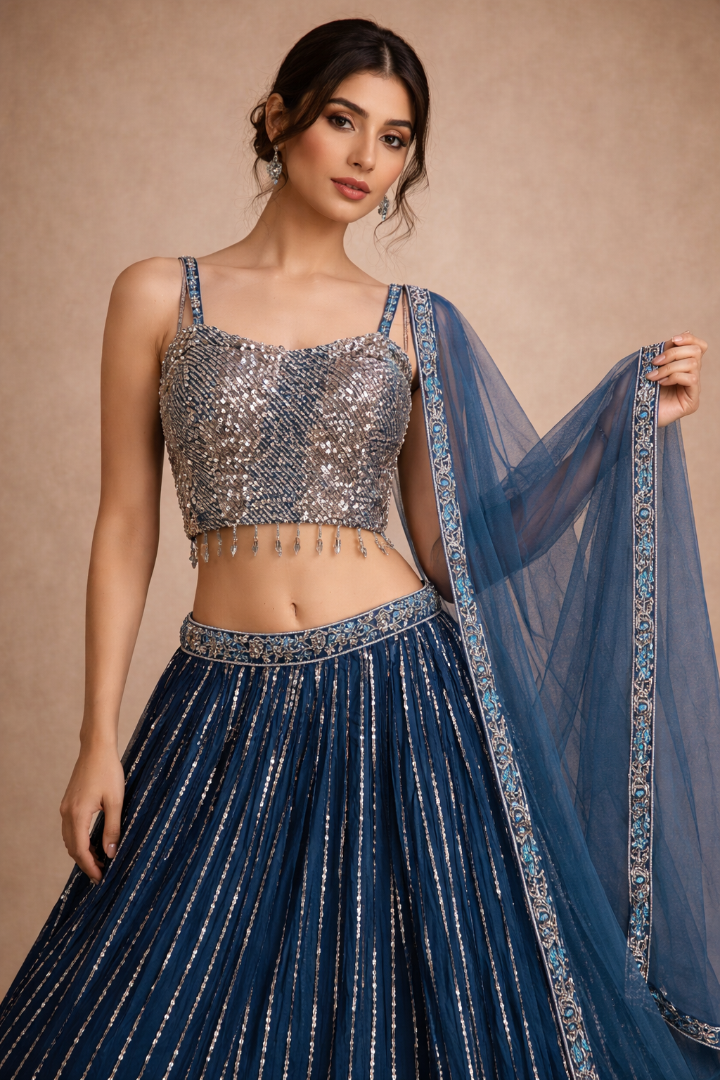Deep Teal Blue Sequin Lehenga with Embroidered Net Dupatta