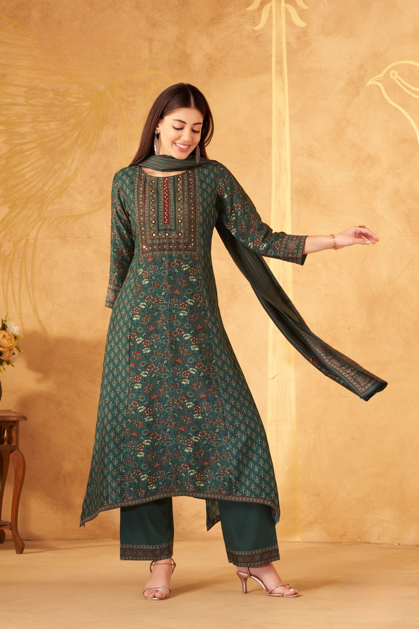 Deep Teal Printed Straight Kurta Set with Striped Dupatta
