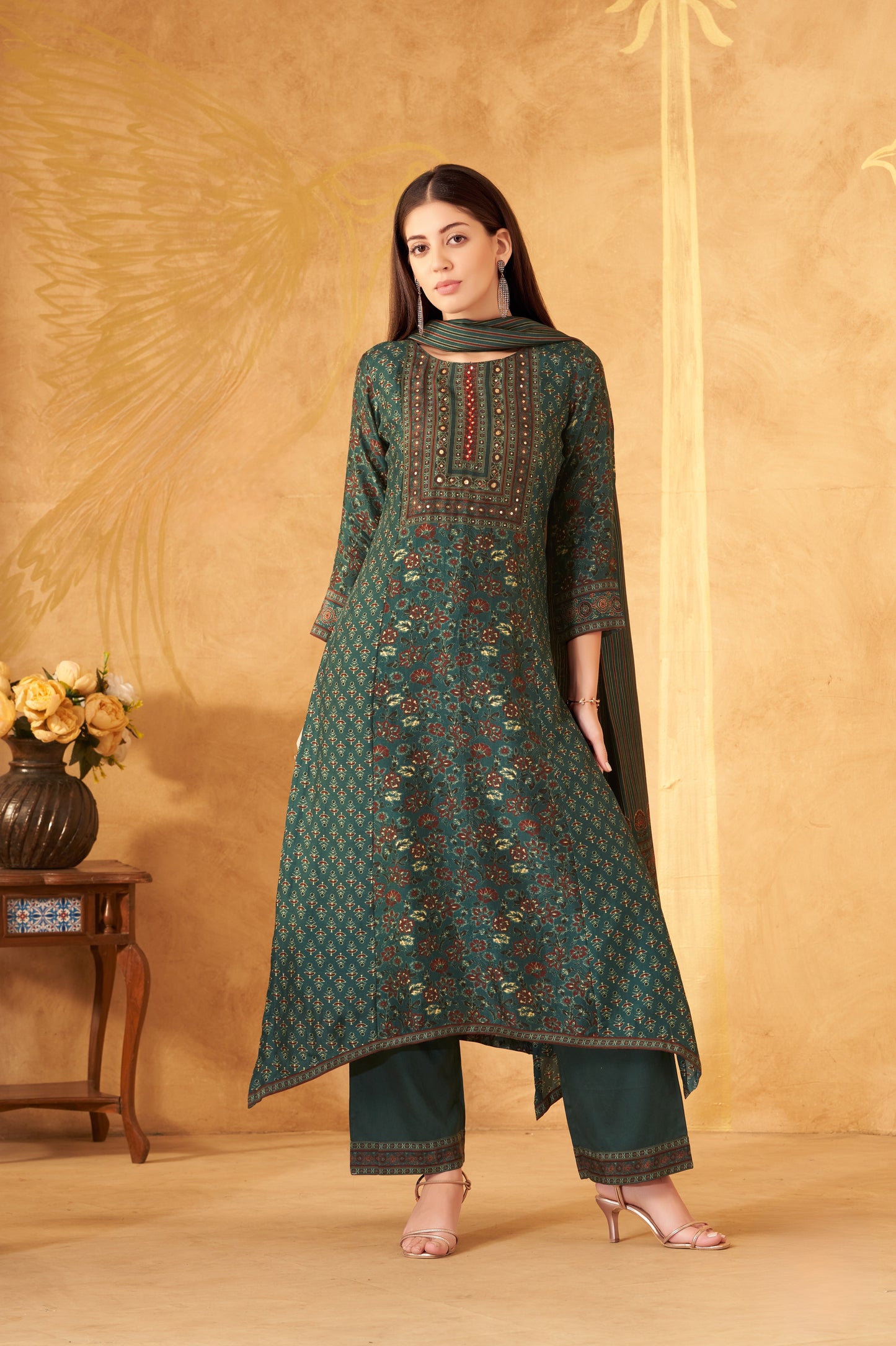 Deep Teal Printed Straight Kurta Set with Striped Dupatta