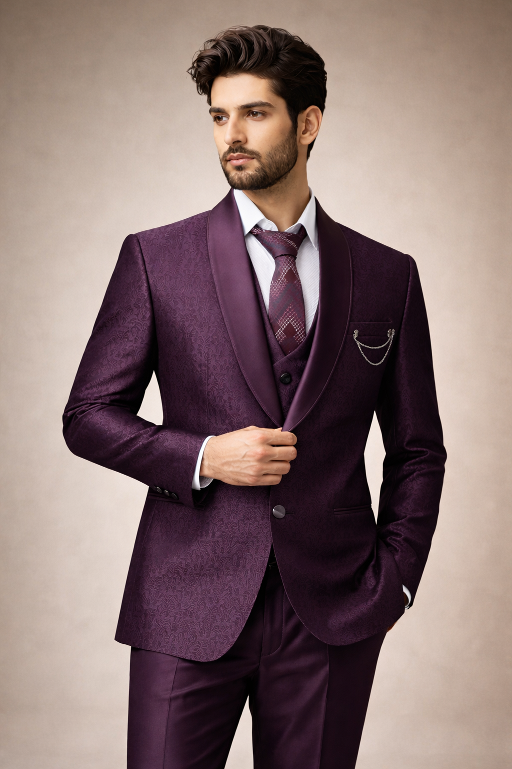 Deep Wine Purple Jacquard Designer Tuxedo Suit