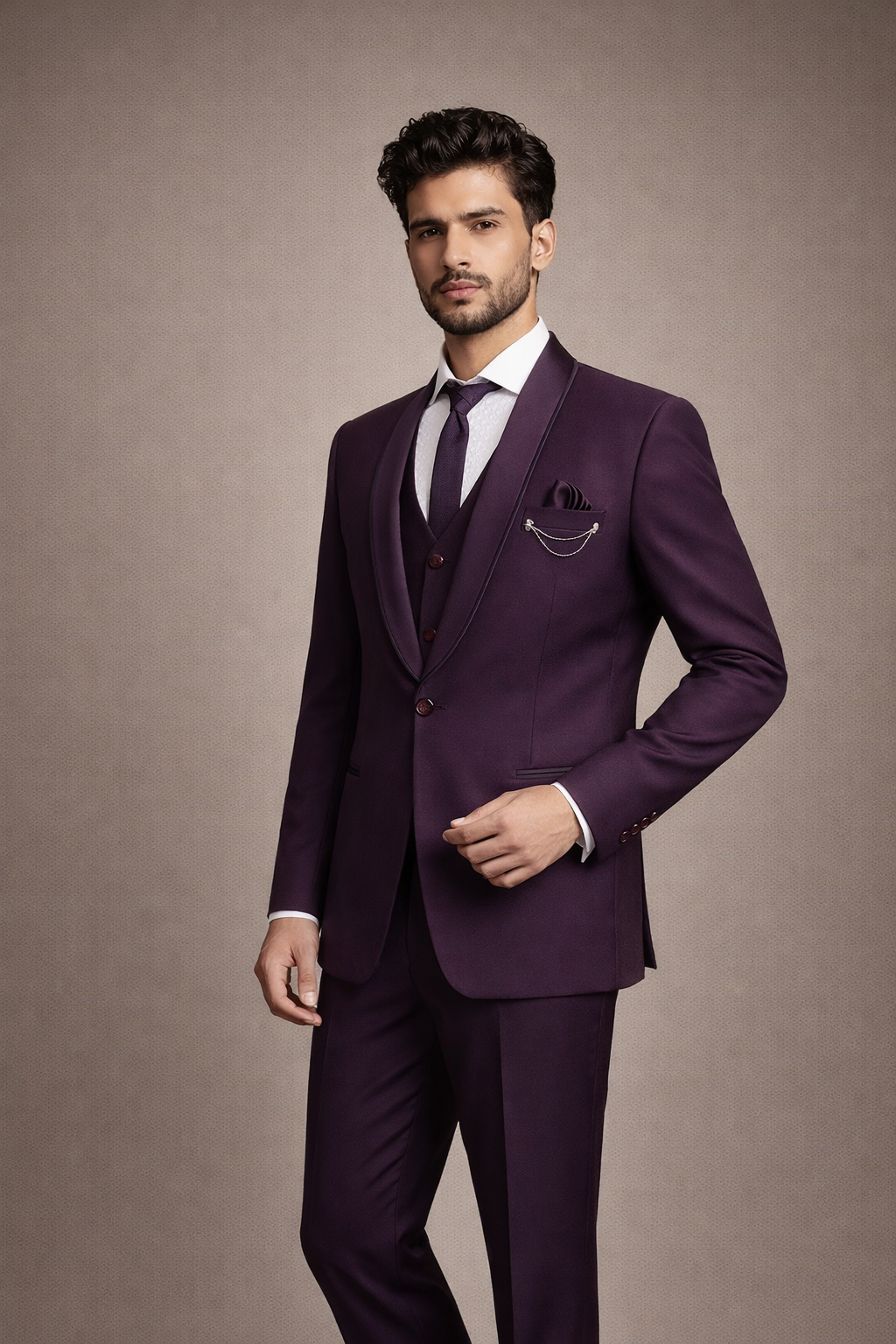 Deep Wine Purple Satin Finish 3-Piece Tuxedo Suit