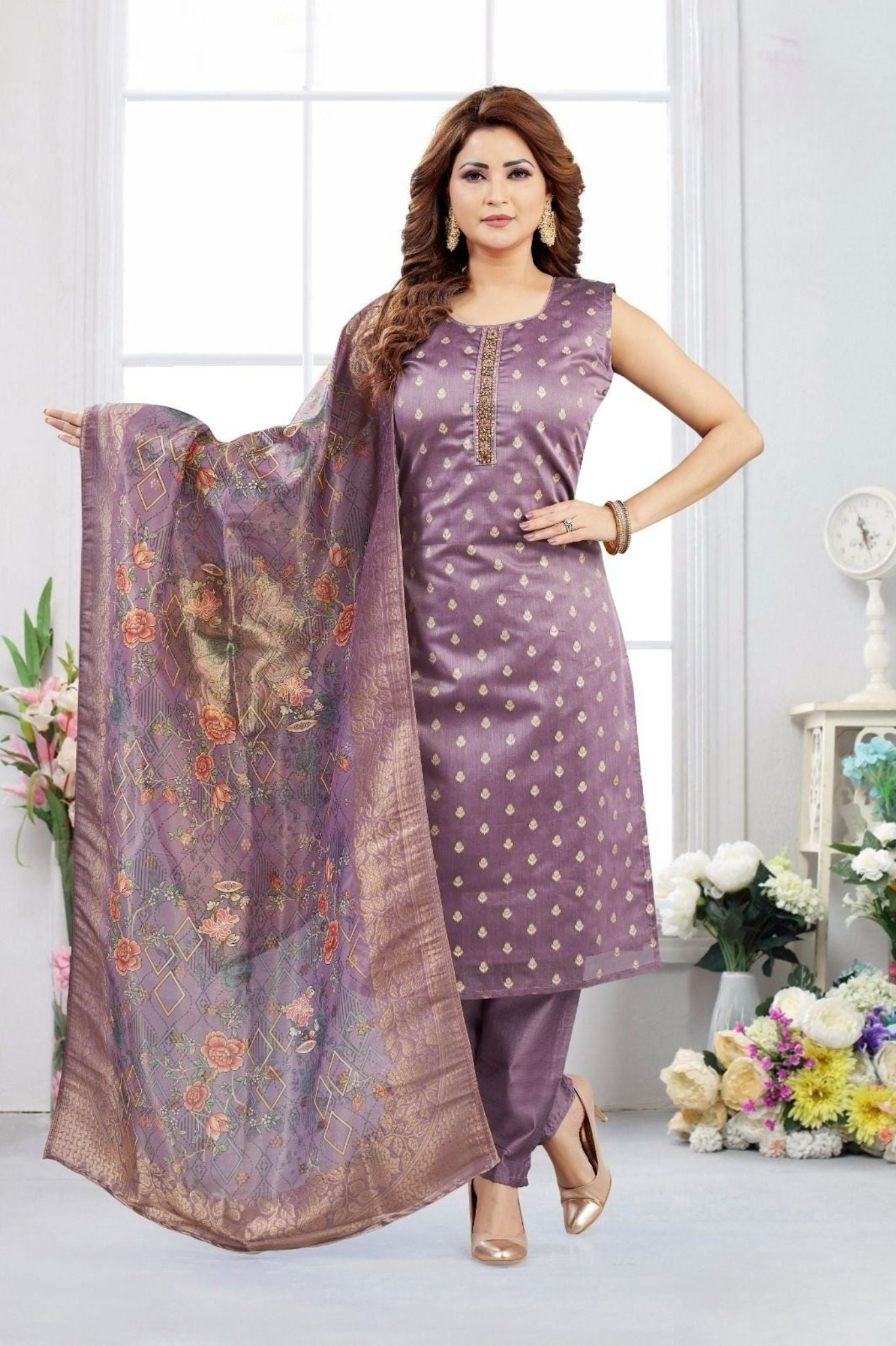 Designer Mauve Silk Jacquard Salwar Suit with Printed Organza Dupatta