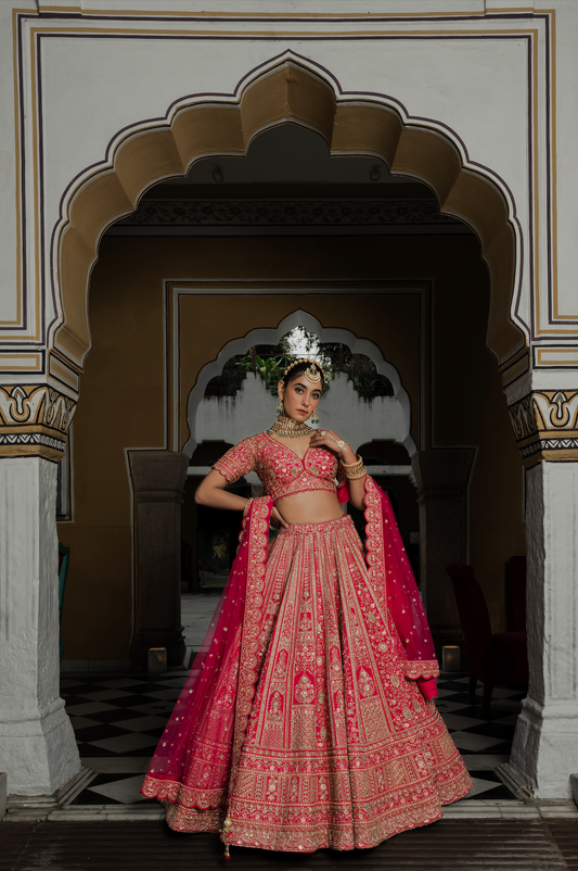 Diva Pink Silk Bridal Lehenga with Zari & Sequins Embroidery