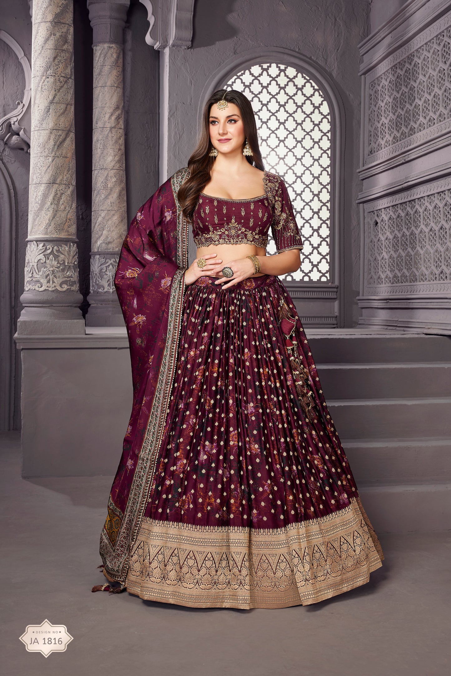 Stunning Maroon Silk Printed Lehenga Choli