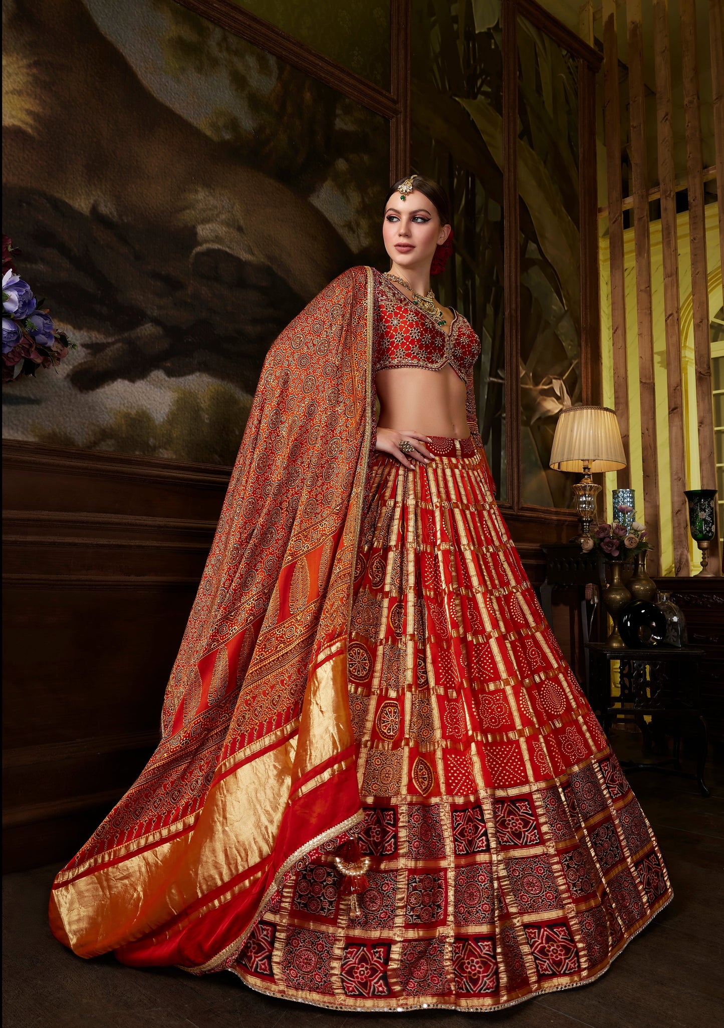 Maroon Ajrakh Printed Gajji Silk Lehenga Chol