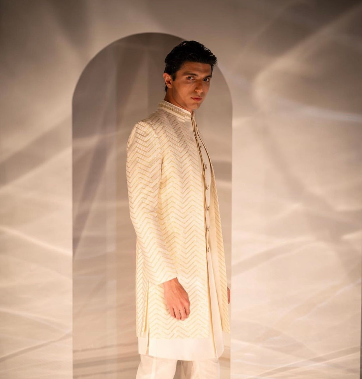 Pearl White Achkan-Style Indo-Western Set