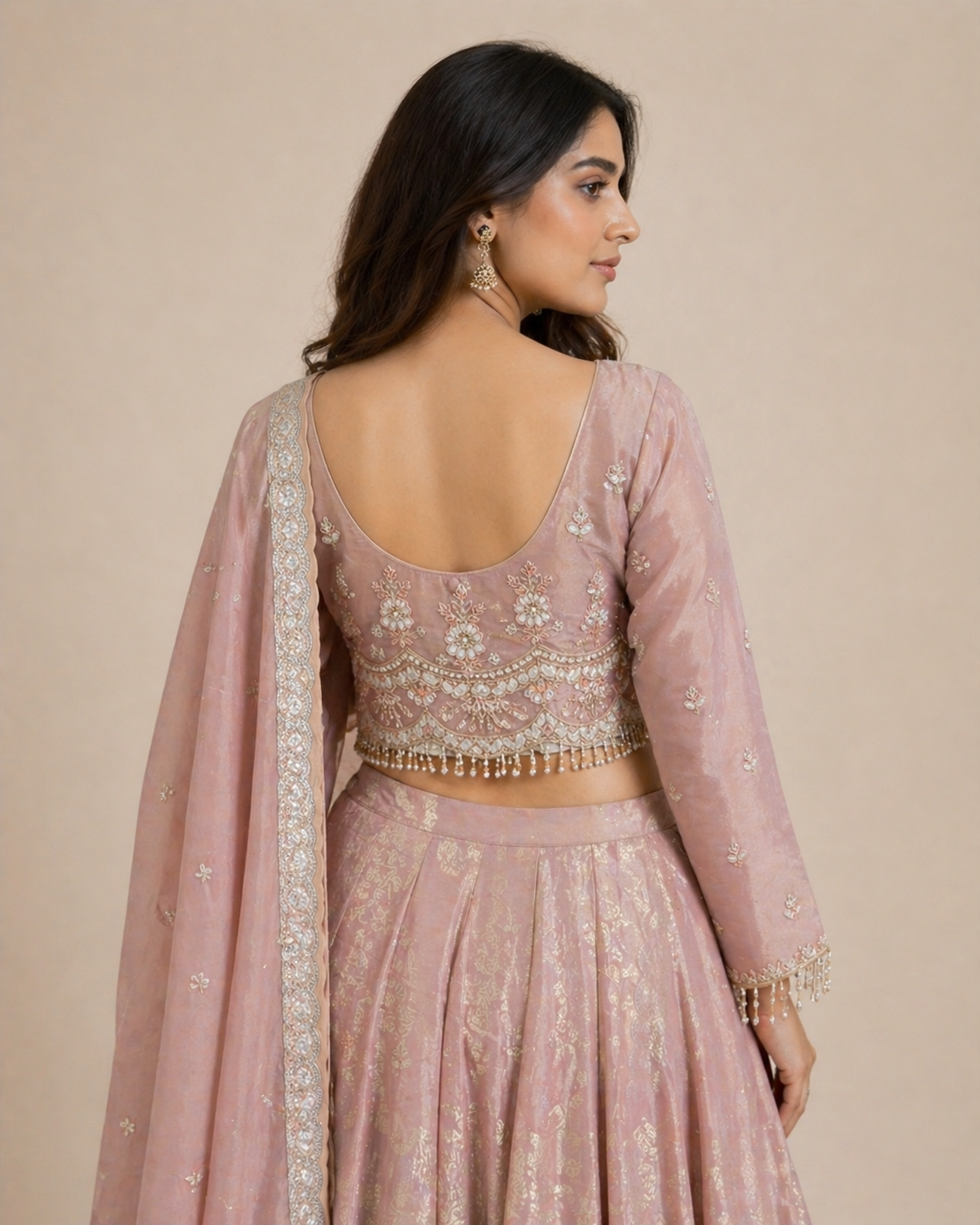 Dusty Blush Pink Embroidered Kurta Lehenga Set with Dupatta