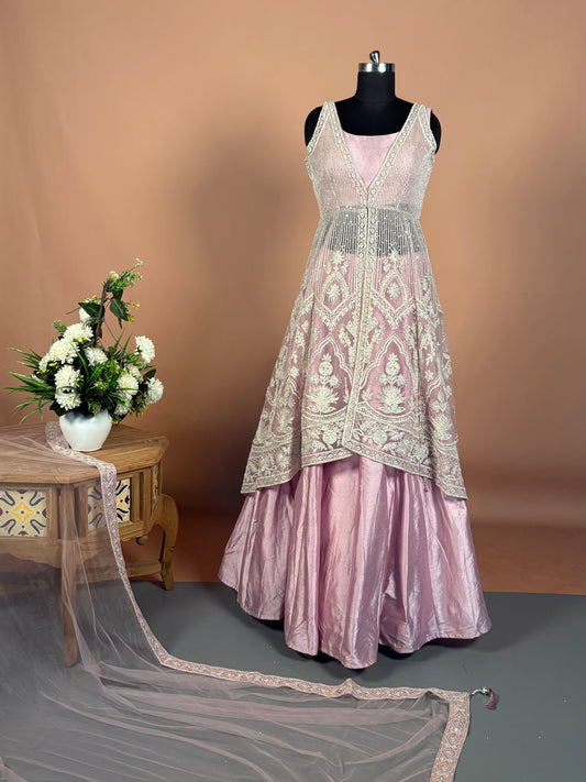 Dusty Mauve Layered Anarkali Set with Heavy Thread & Zari Embroidery