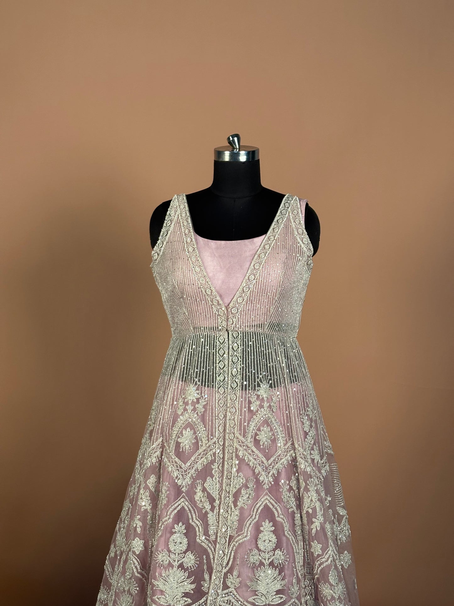 Dusty Mauve Layered Anarkali Set with Heavy Thread & Zari Embroidery