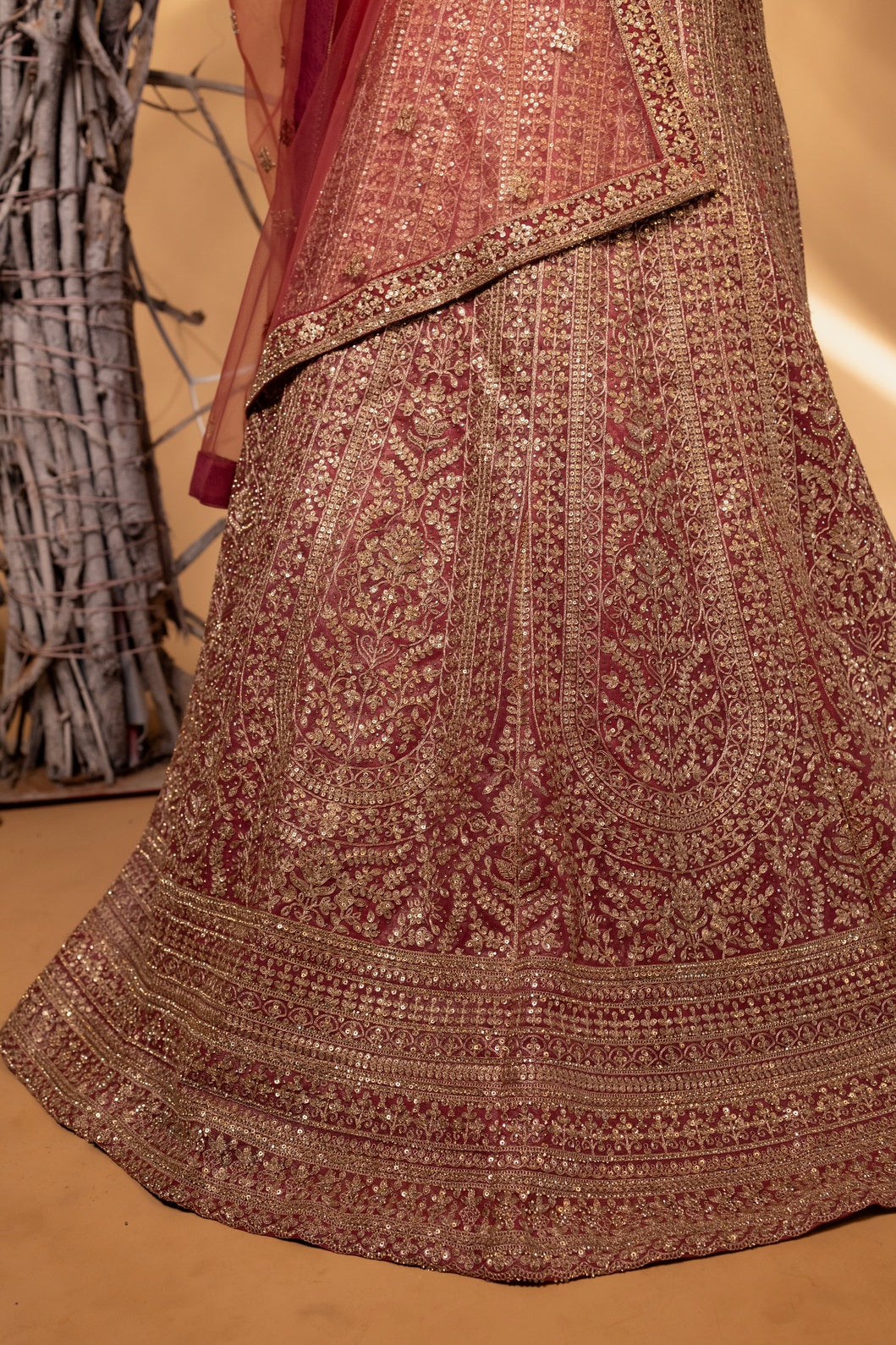 Dusty Rose & Gold Heavy Zari Embroidered Bridal Lehenga Choli