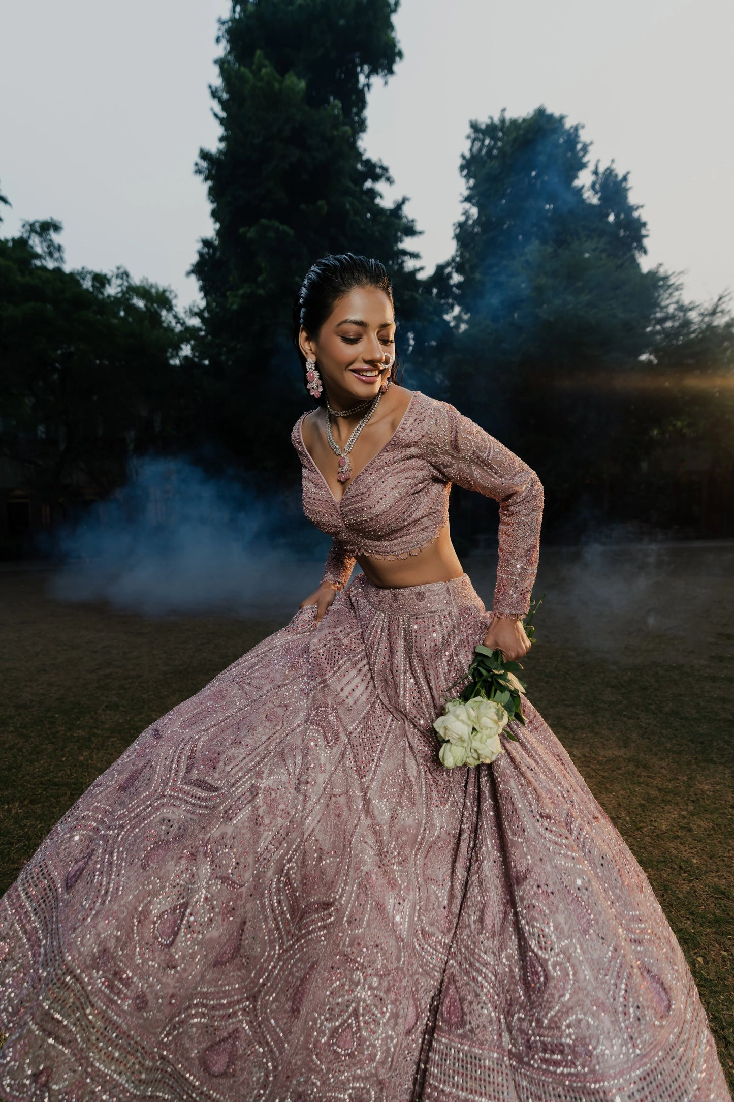 Dusty Rose Net Lehenga with Sequin Embroidery
