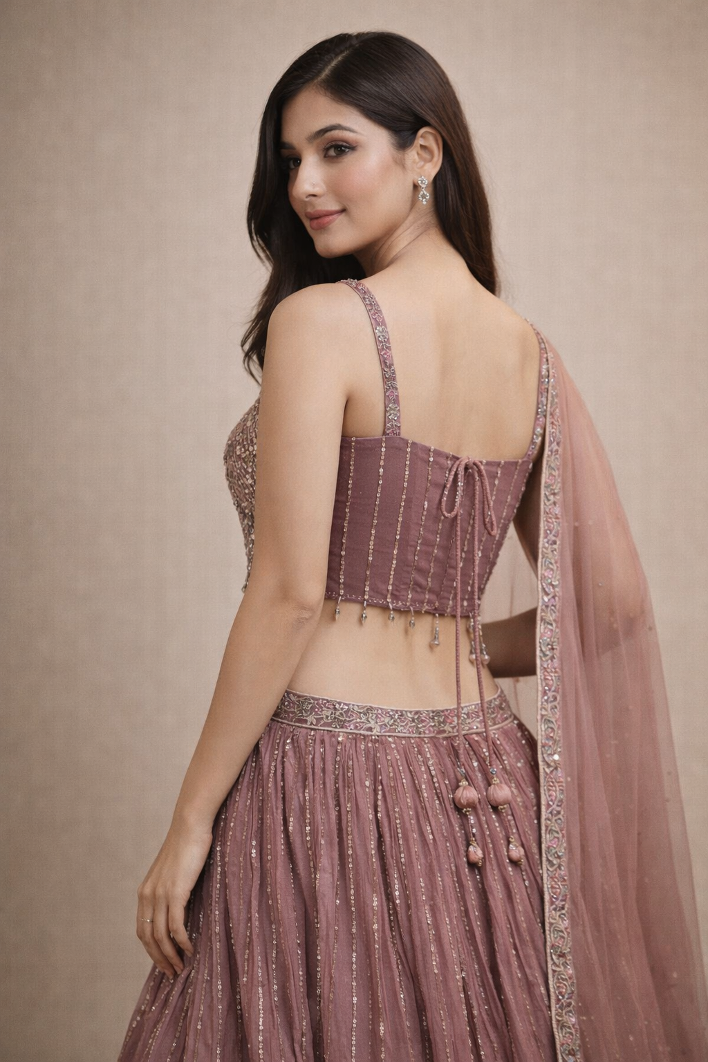 Dusty Rose Pink Sequin Embroidered Lehenga Set with Net Dupatta
