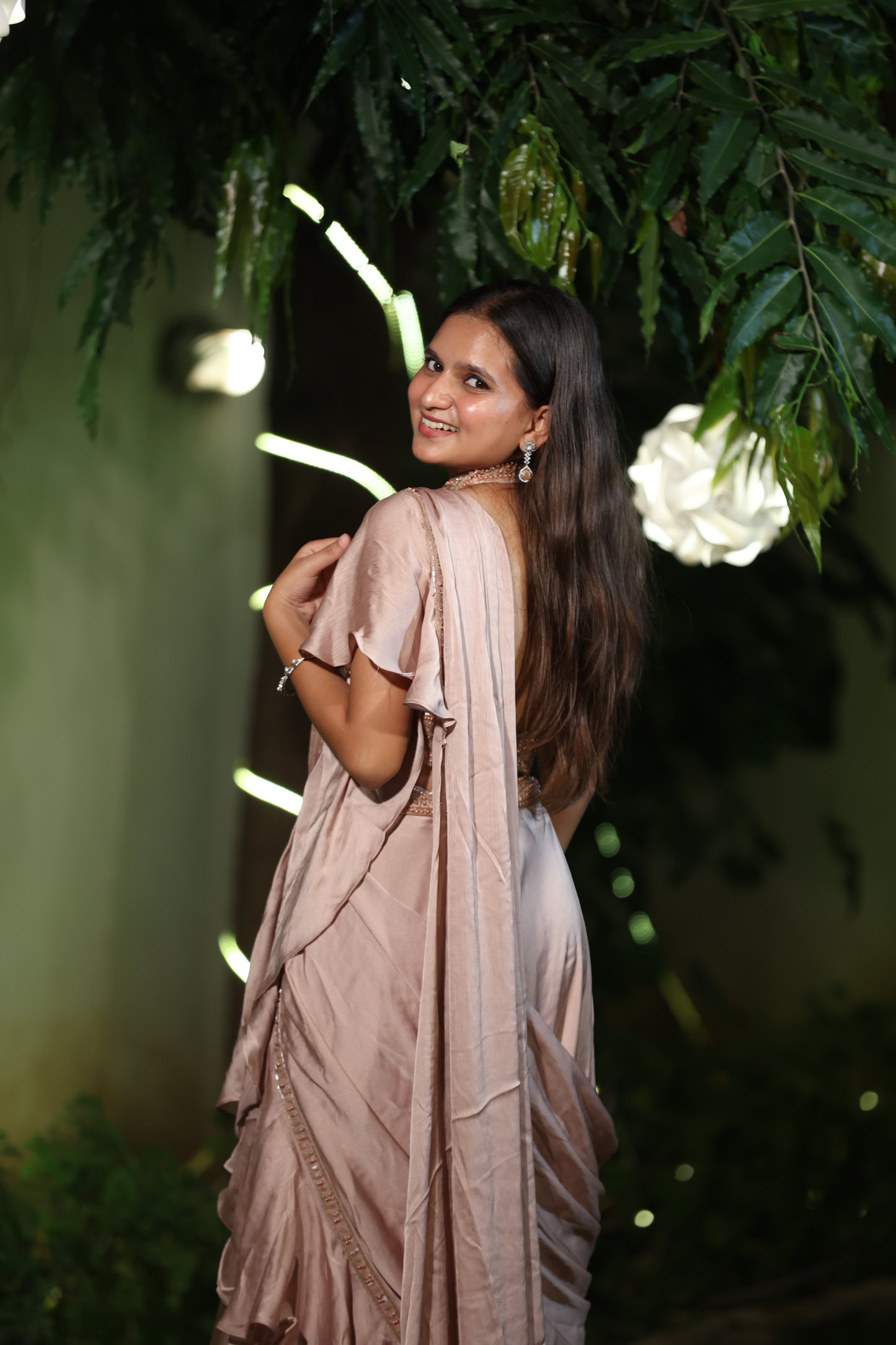 Dusty Rose Ruffle Saree with Embellished Halter Blouse
